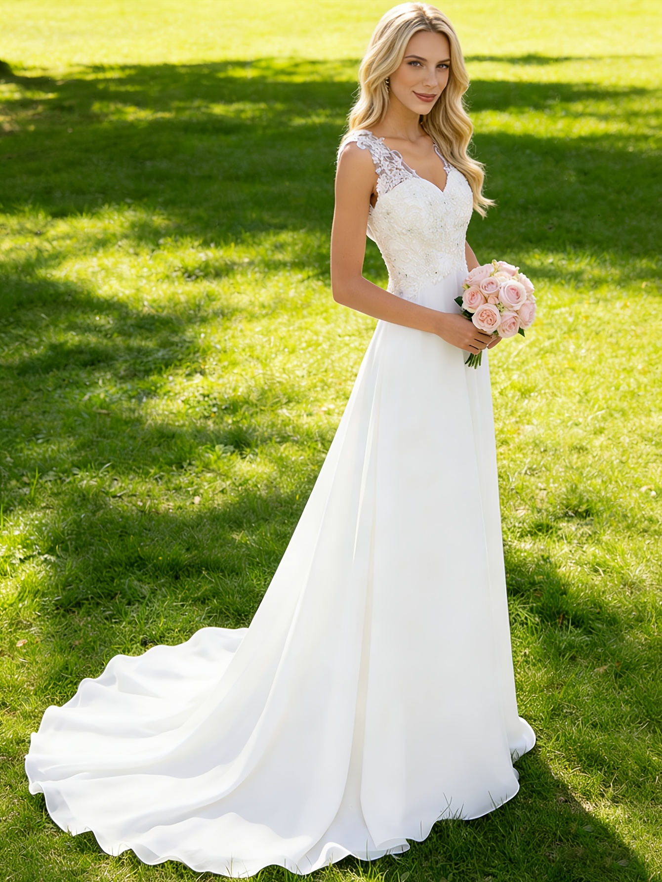 einfaches v-ausschnitt spitzen hochzeit kleid   chiffon kleine schleife outdoor rasen hochzeit   brautkleid