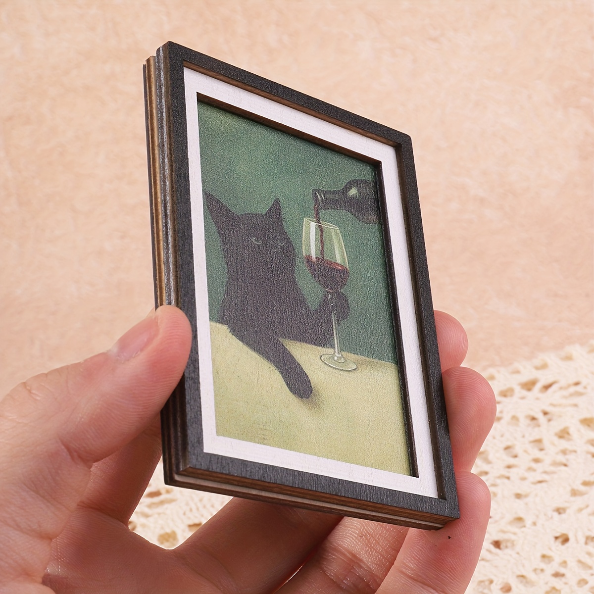 Image of 1pc Mini-sized 3-tier Photo Frame Fridge Magnet, A Fun Home Decor Prop Featuring A Little Black Cat Red Wine, A Unique And Exquisite Holiday Gift, An Ideal Present For Home Decoration