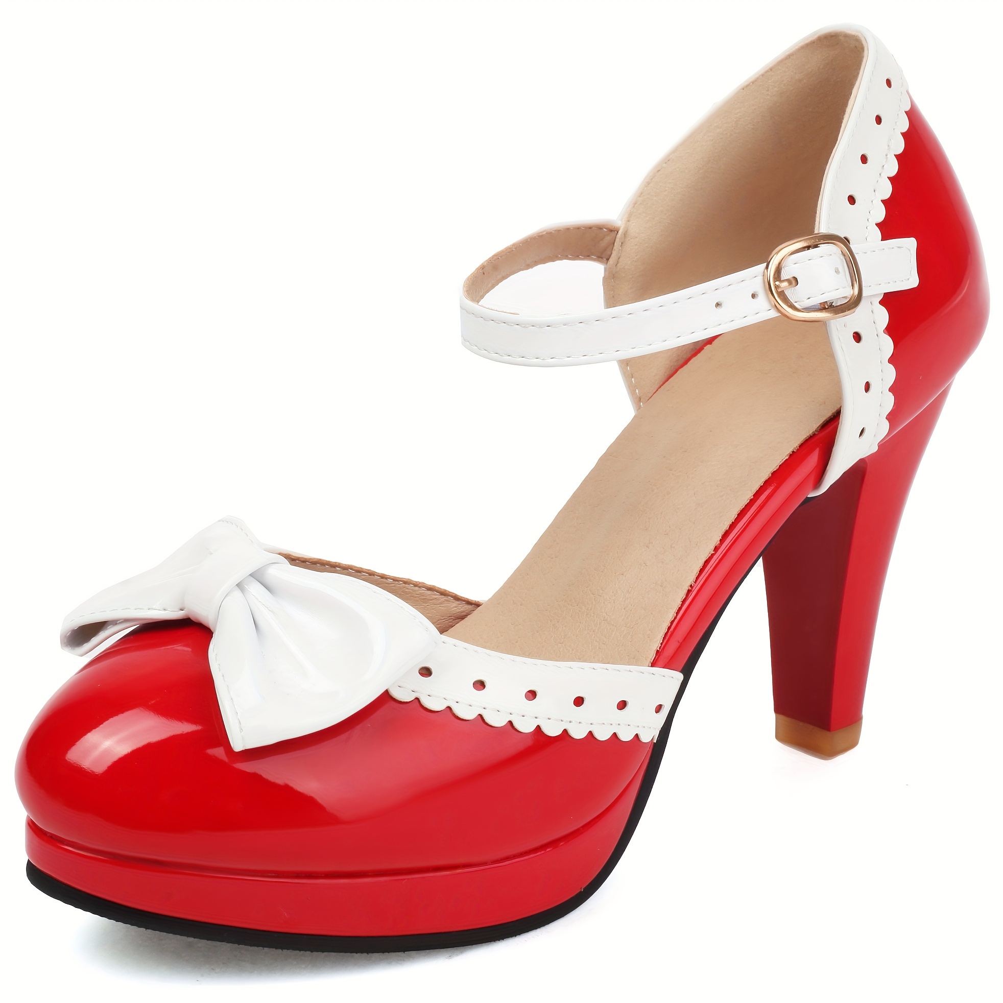 Red Mary Jane High Heels with White Bow