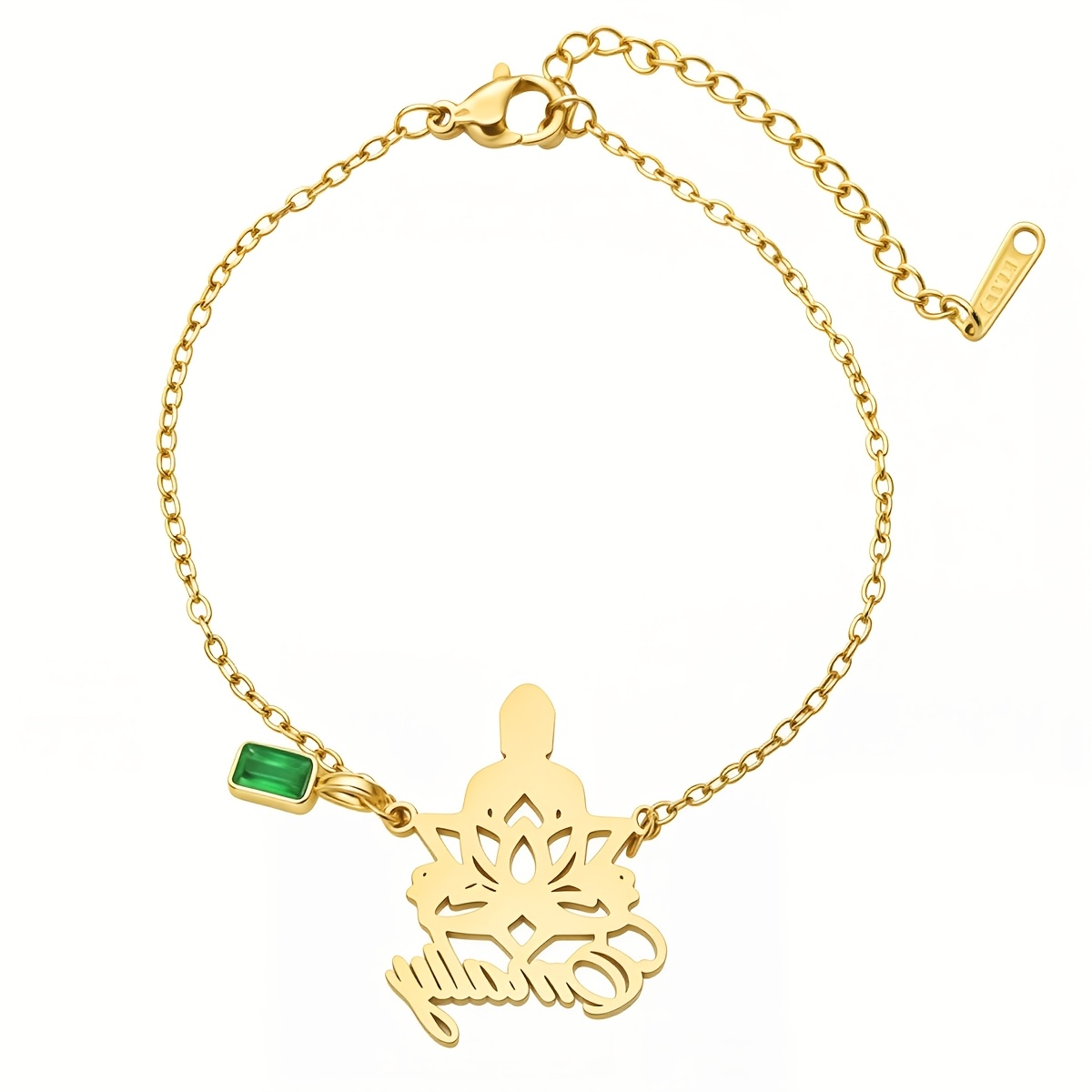 Custom Lotus Name Bracelet, Stainless Steel with Green Crystal