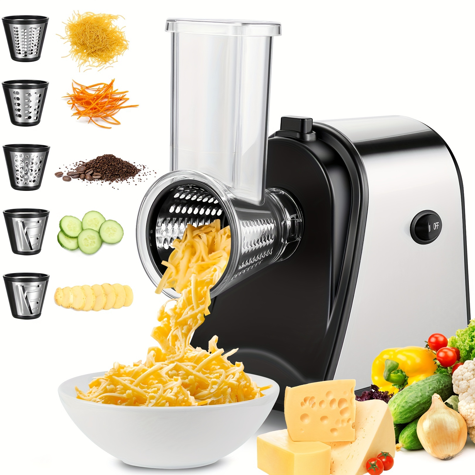 

5-in-1 Electric Vegetable Slicer, Electric Cheese Grinder, 250w Professional Electric Vegetable Cutter, With 5 Conical Blades, Stainless Steel Vegetable Slicer, Multifunctional Vegetable .