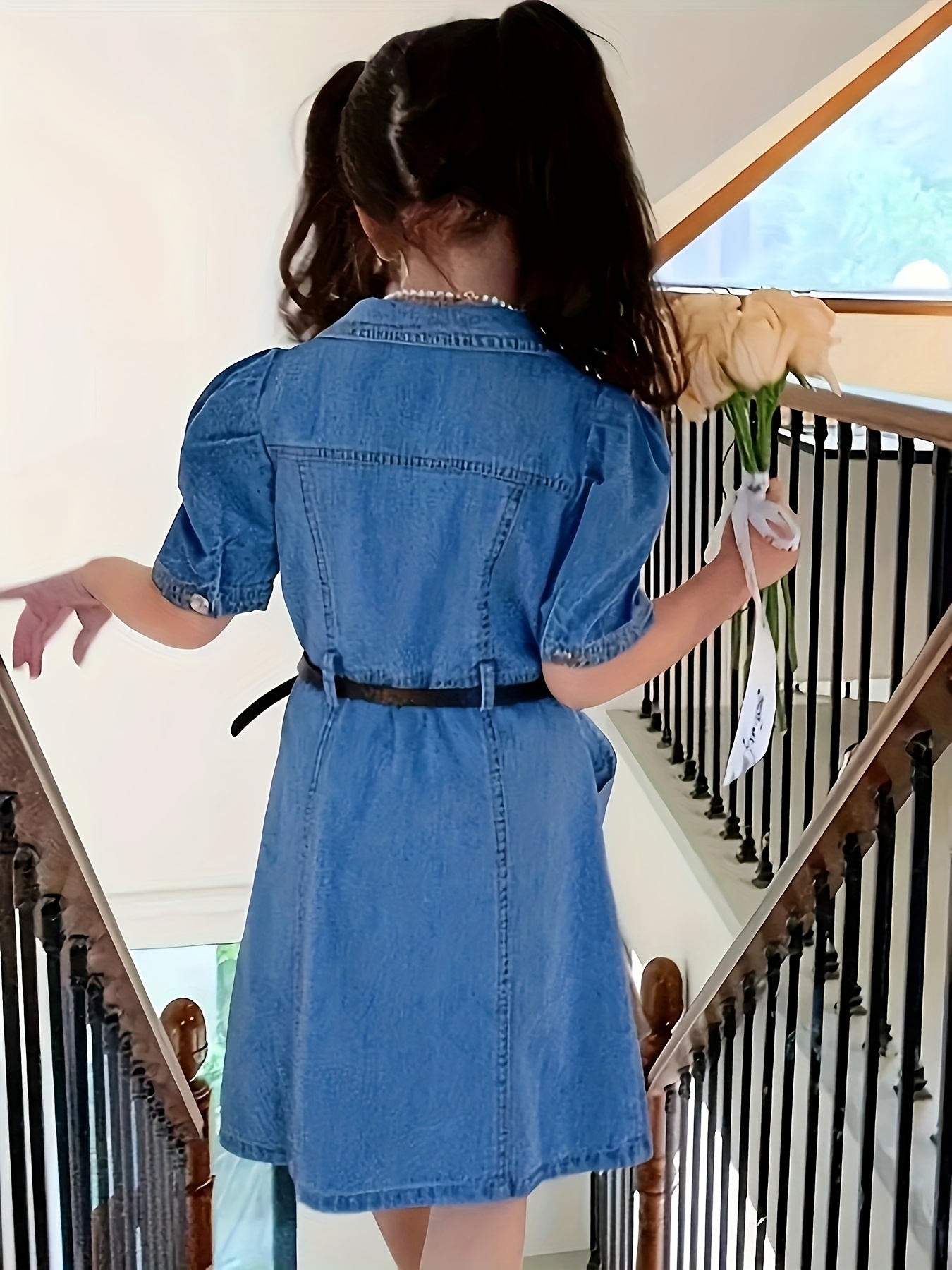 stylish summer denim dress girls chic short sleeve a line Temu