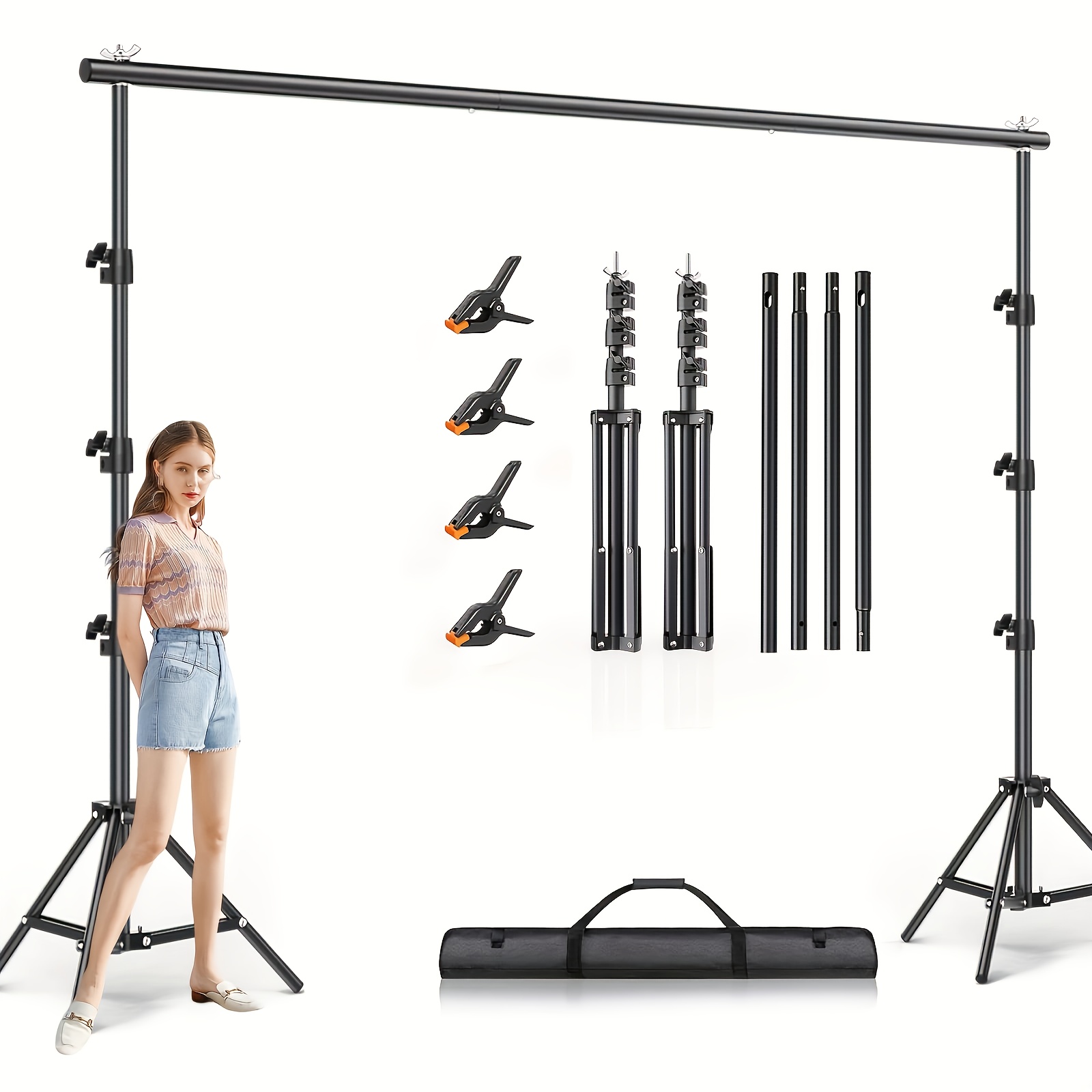 TEMU Un support de fond de 10X10 pieds (3X3 mètres), kit de support de toile de fond pour photographie, 2 supports de fond réglables, 4 barres , 4