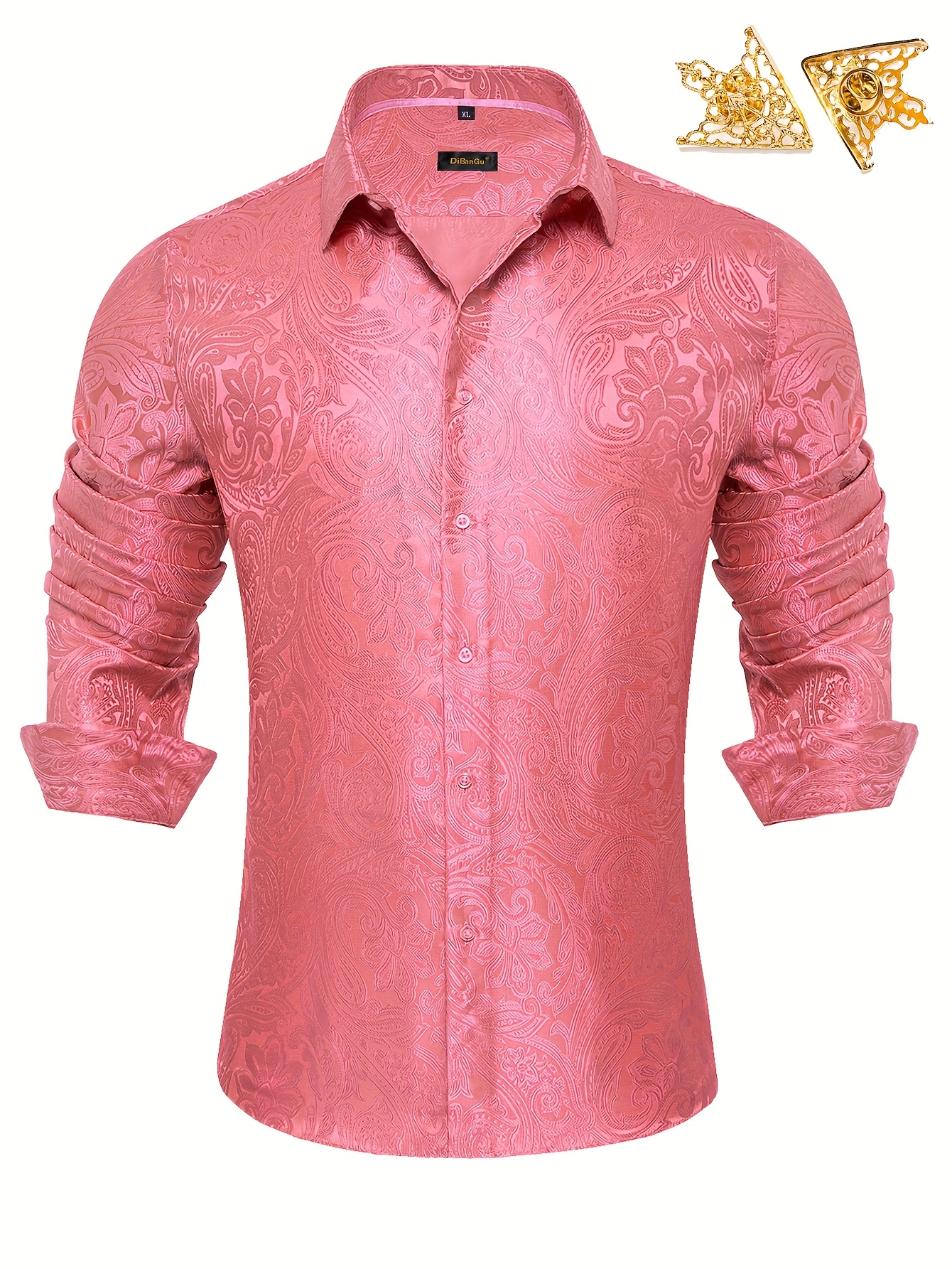 slim fit dress slacks Rose Golden Solid Satin Men's Long Sleeve Dress Shirt main image 0