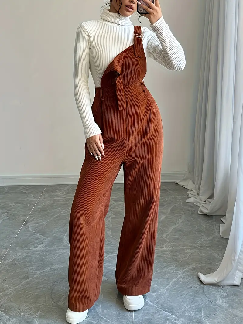 dames casual wijde band jumpsuit - gezellige geribbelde lange mouw top & wijde pijpen, knopdetail, perfect voor herfst/winter, dagelijkse , herfst winter kleding | wijde pijpen jumpsuit | knopdetail jumpsuit 3