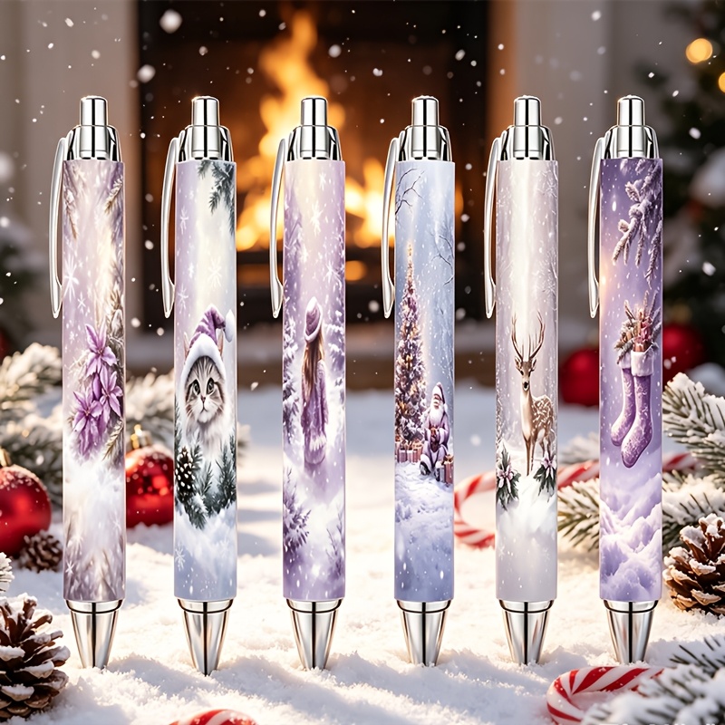 TEMU Noël d'hiver violet, lot de 6 stylos à encre rétractables avec motif de de neige, chat, Père Noël, de Noël, cadeaux de papeterie fantaisie pour