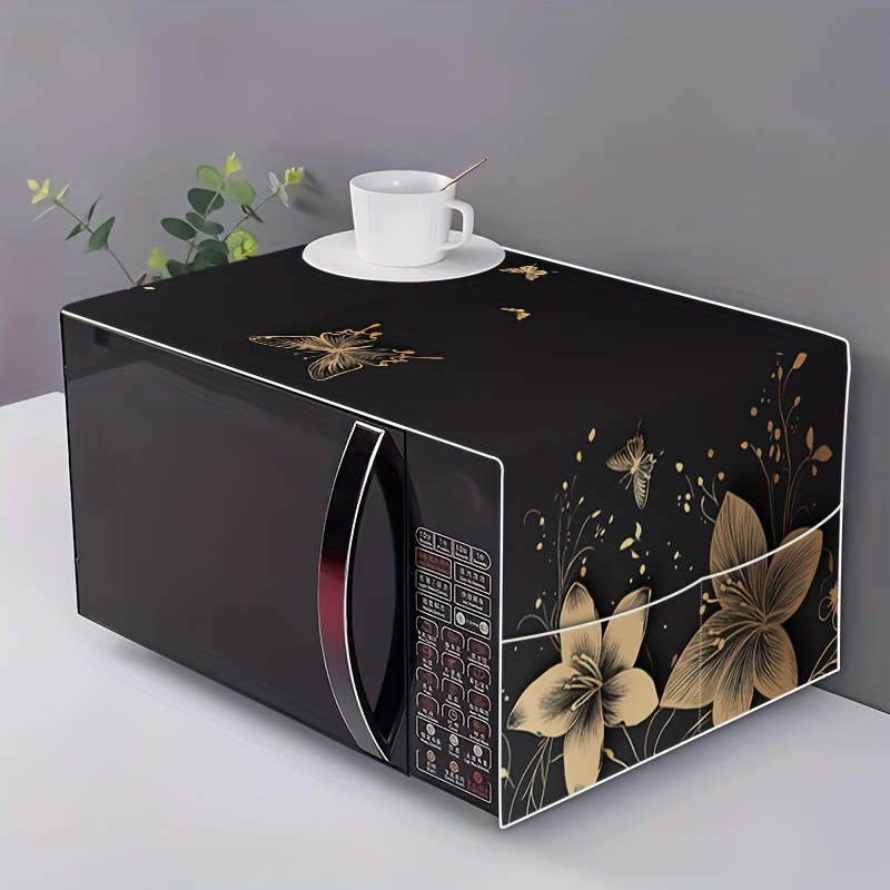 TEMU 1pc Refrigerator Cover, Microwave Cover, Washing Machine Cover, 2d Flat, Black And Golden Color Scheme, Floral And Artistic Style,
