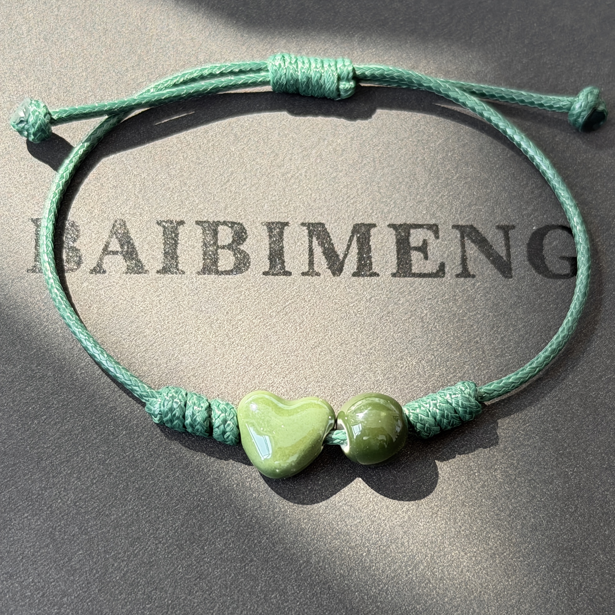 Women's Handmade Ceramic Green Heart Bracelet, Adjustable Length
