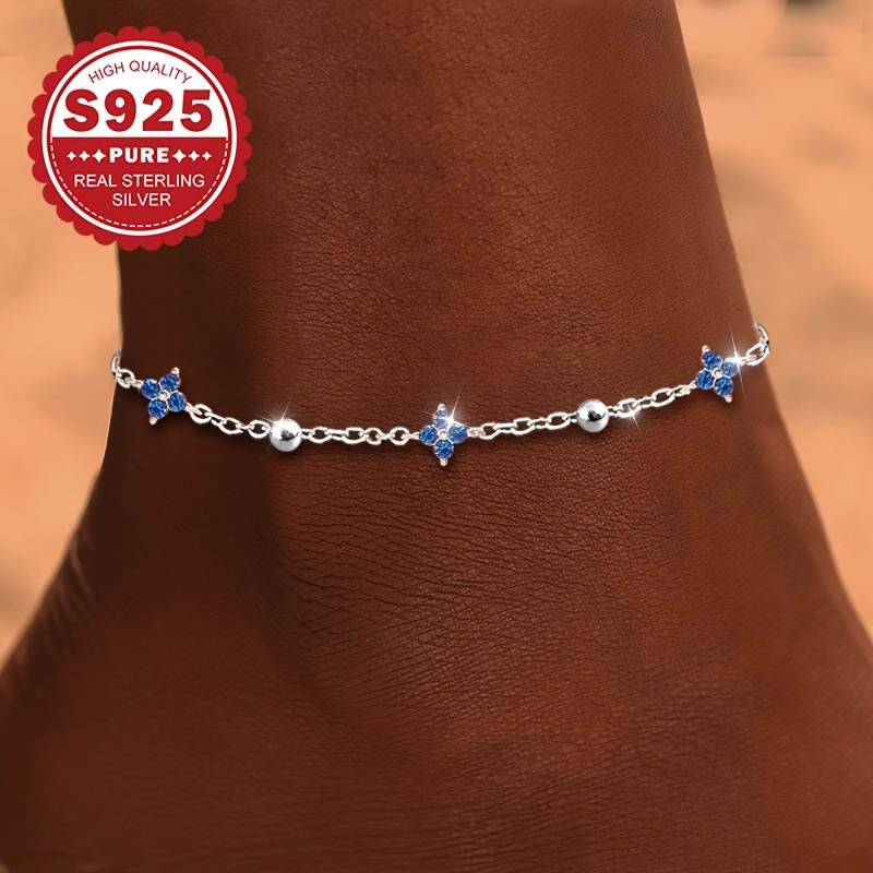 Image of 's Anklet, S925 Sterling Silvery Blue Four-petal Flower Anklet With Beaded Flowers And Floral Accents, Suitable For Beach Vacation Wear, Best Gift For Ladies, Hypoallergenic