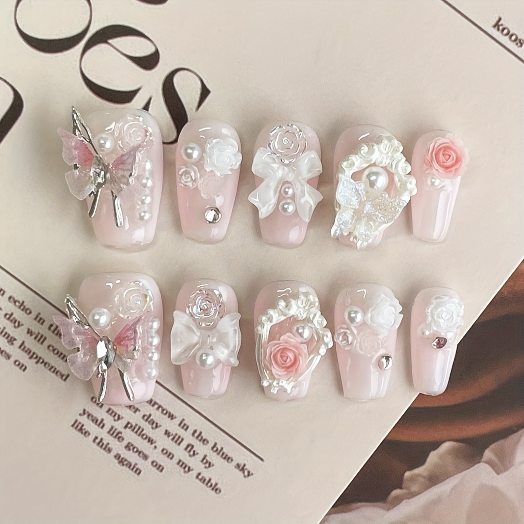 

10pcs Pink Ballet Press-on Nails, Middle Length, , With Floral And , For Romantic Dates And Girls' Nights Out