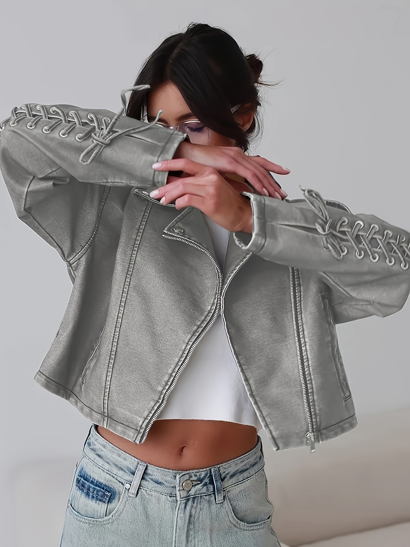 stilvolle graue pu leder moto jacke damen kordelzug details Temu