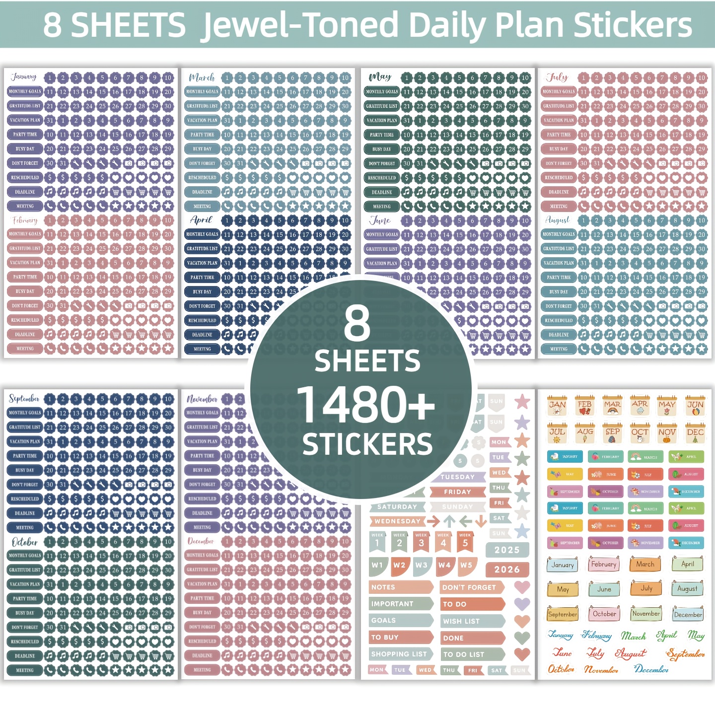 TEMU 8 Sheets Jewel- Daily Planner Stickers | Essential For Goal Tracking, Calendars, Journals, And Everyday Planning | Ideal For Holiday & Seasonal