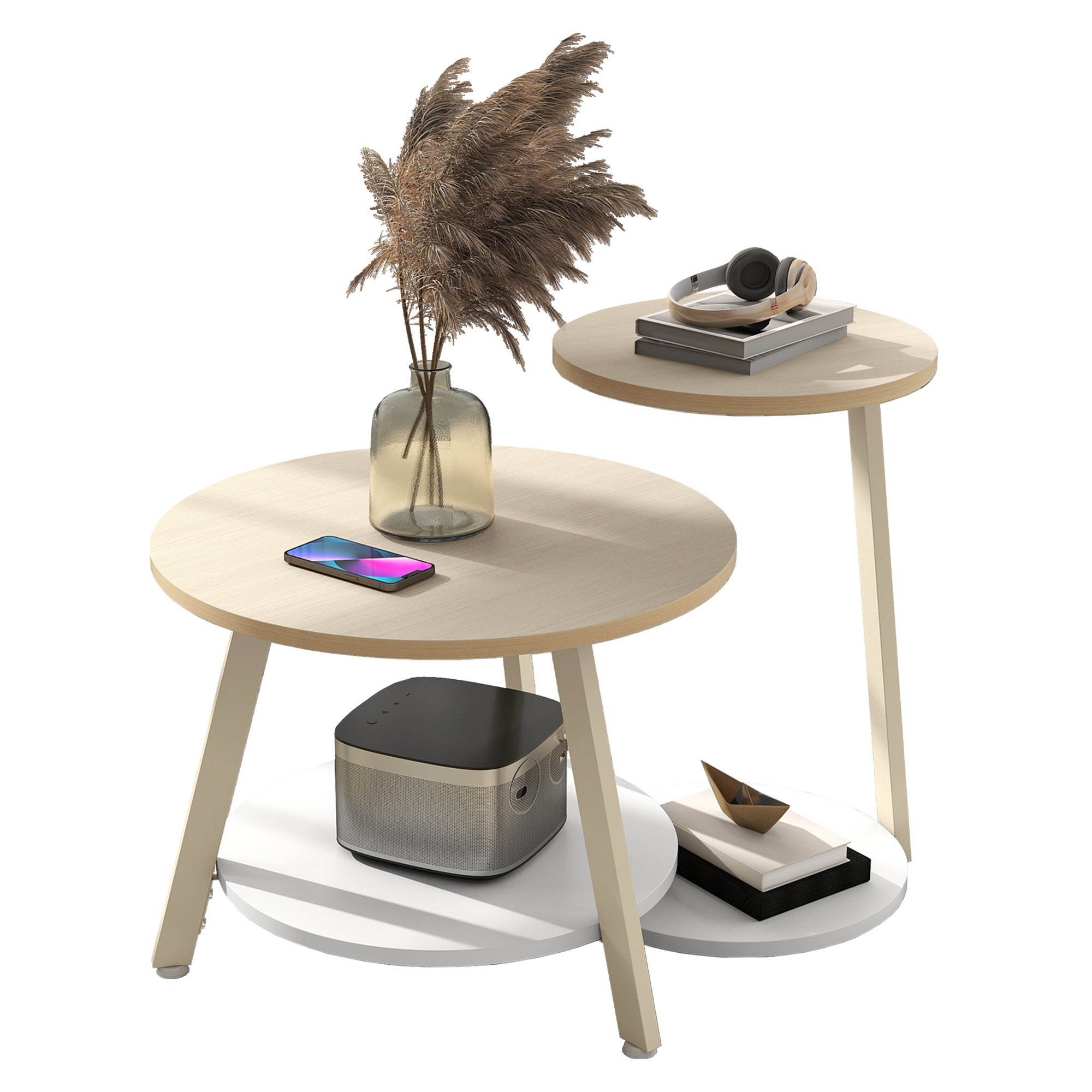 2pcs Round Coffee Table Set, Stackable Side Table With Wood Top And Metal Frame, Accent Table With Storage Space, Oak End For Living Room