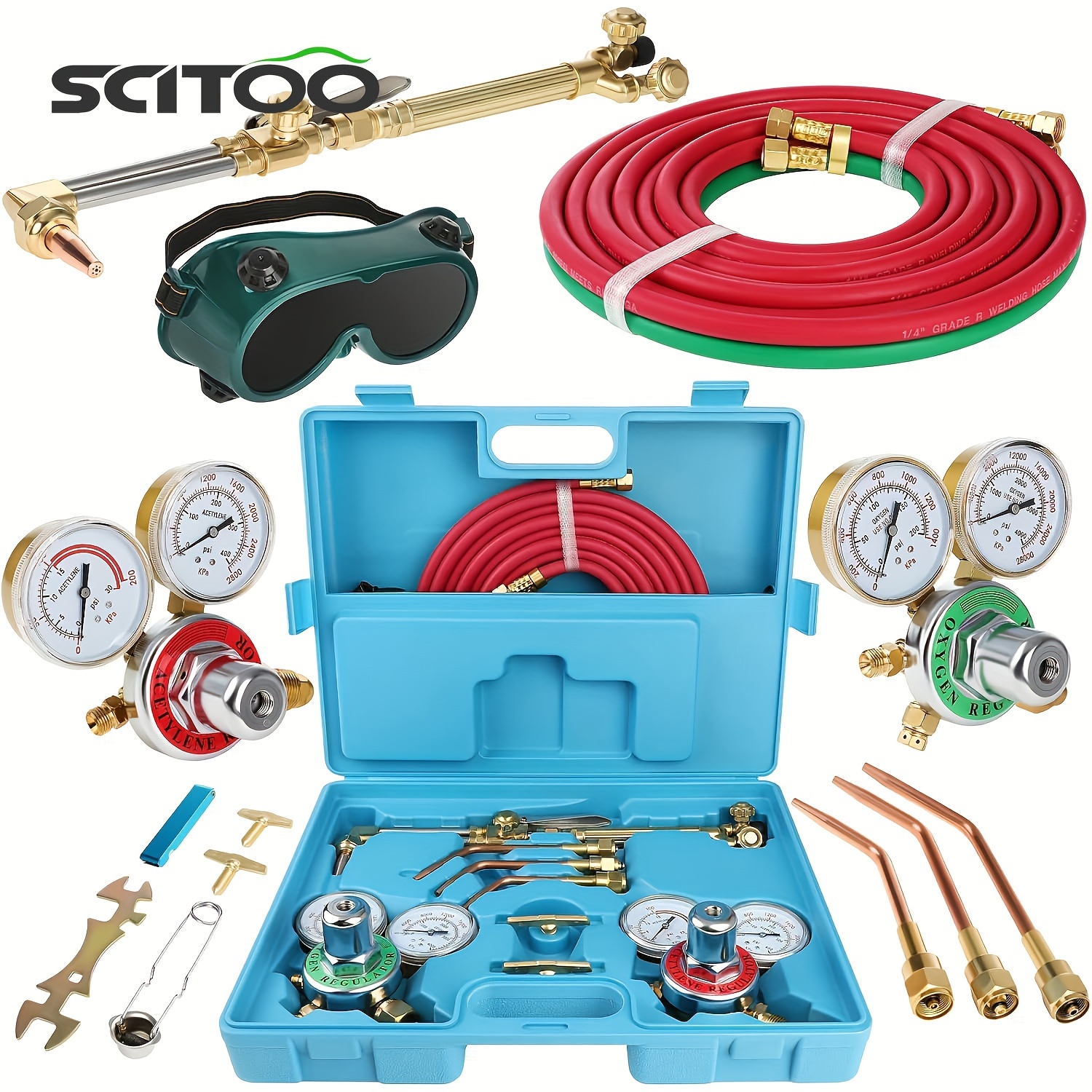 

Cutting Welding Torch Kit Oxygen & Acetylene Gas Portable Oxy Brazing Kit Professional Welder Tool Set With 2 Hose, Regulator Gauges, Storage Case Blue