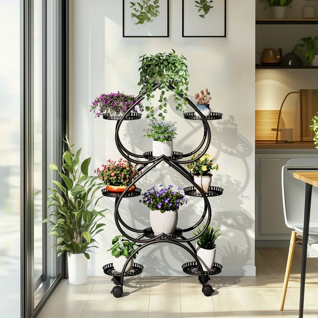 TEMU Large Metal Plant Stand 9-potted Flower Pot Holder With Rolling Wheels Display Shelf Rack For Patio, Balcony, Backyard, Garden Black Planter
