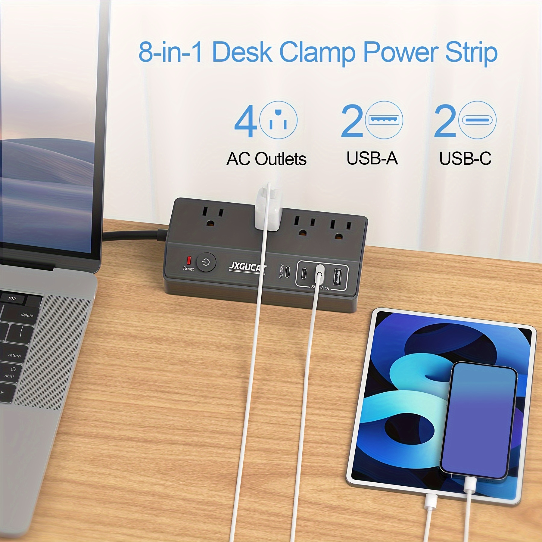 

13a/1625w Desk Clamp - 20w Usb C Fast Charging Station - Desk Flat Plug Extension Cord 10ft With 4 Usb + 4 Outlets - Desktop Mount Protector - Fit 1.8" Tabletop For Business For Factory