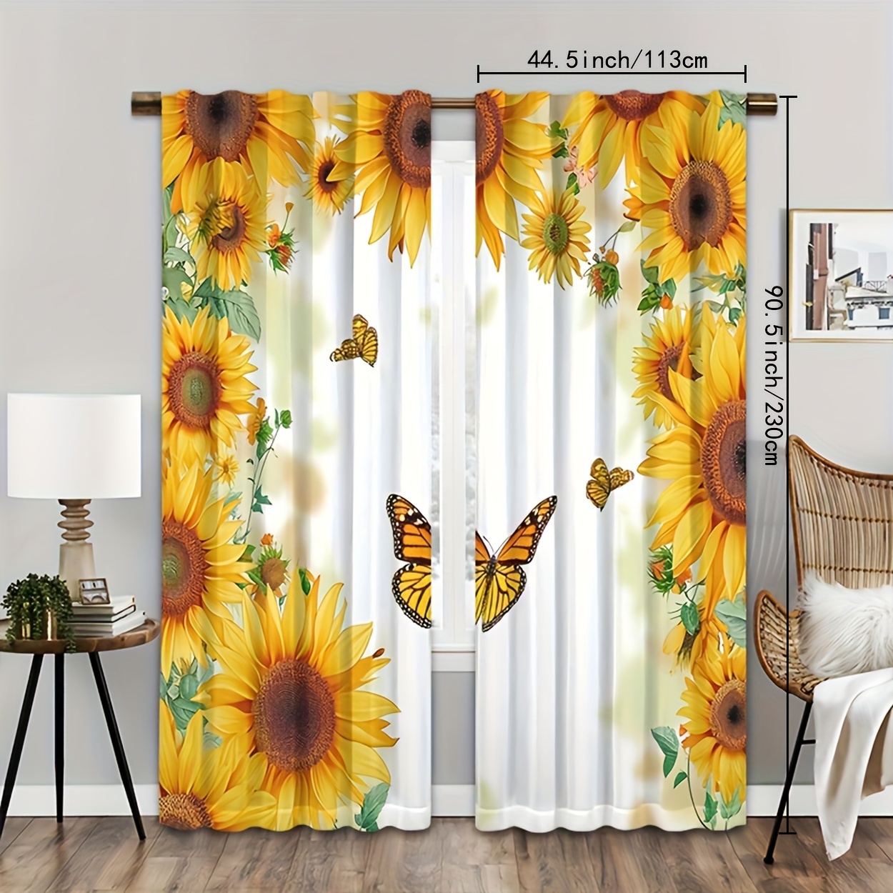 TEMU 2pcs Sunflower Butterfly Print Curtains, Polyester Light Filtering Curtains, Rod Pocket Processing Suitable For Living Room Bedroom Home Decoration