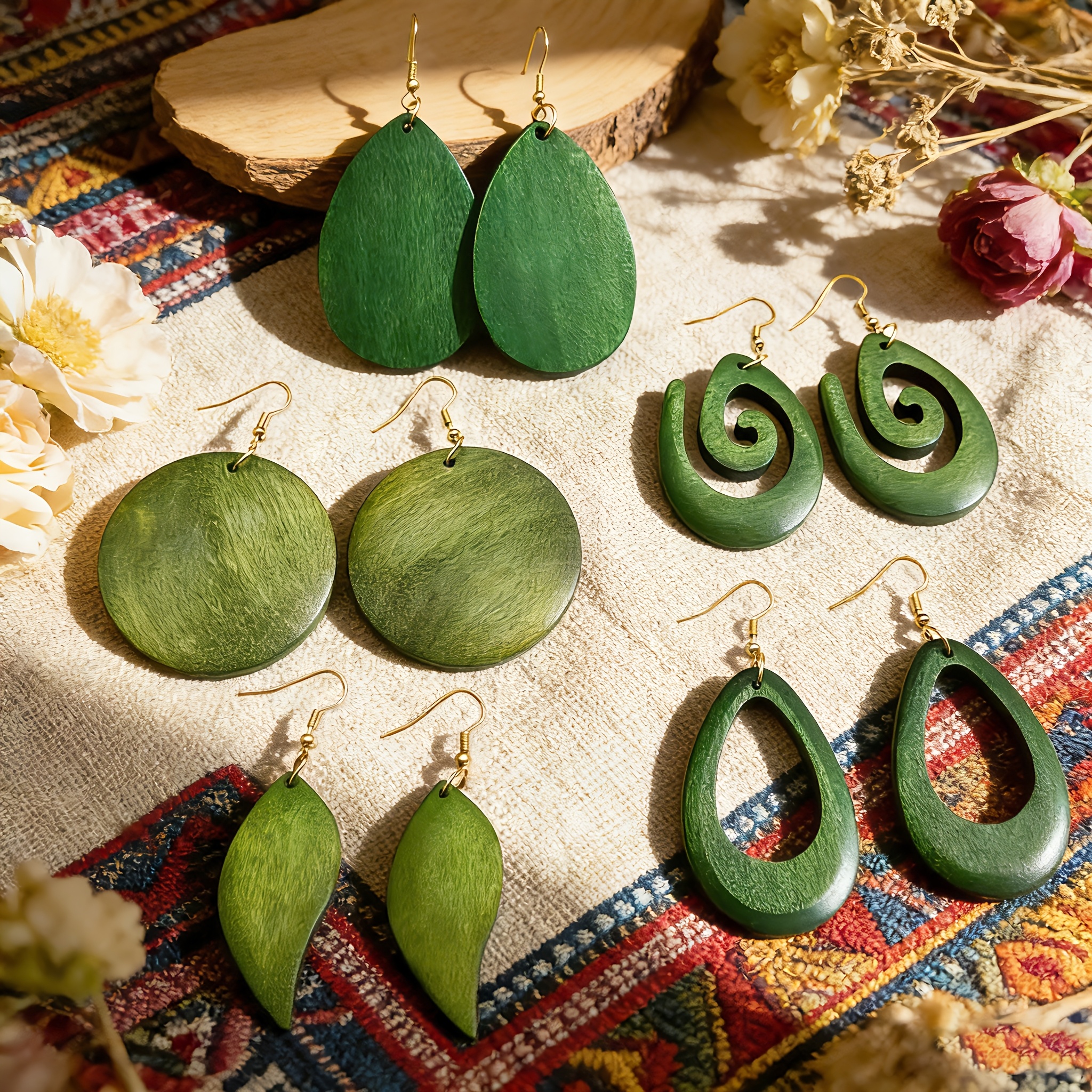 TEMU 5 paires de boucles d'oreilles rétro bohèmes géométriques de en bois, boucles d'oreilles pendentives légères de style ethnique, adaptées aux