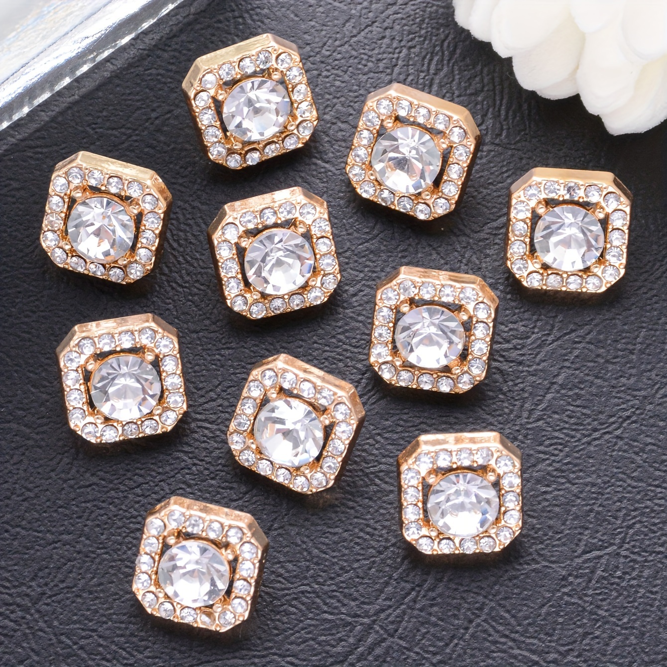 

10 Pieces Of Square Gemstone With Rhinestones, Golden Small Buttons, Used For Wedding Dresses, Evening Gowns, Cardigans, Sweaters, Decorative Buttons For Diy Hand- Clothing Accessories.