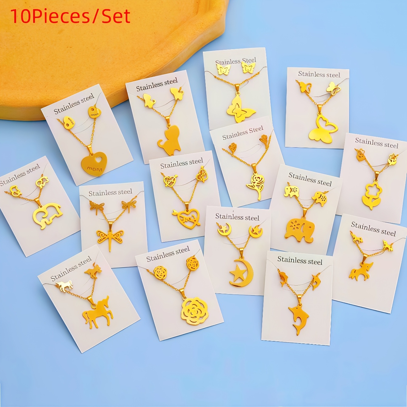 TEMU 10 Sets Per Pack Of Fashionable And Durable Stainless Steel Stud Earrings And Necklace Set, Mixed Style, Personalized And Elegant , Heart,