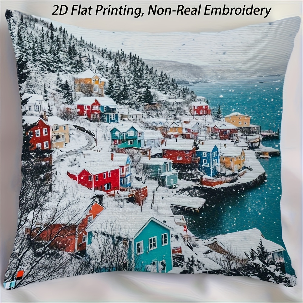 TEMU 2d Flat - A 2d Flat Printed Pillowcase Featuring A Winter Landscape From - One-sided Design With Zipper Closure, Embroidery - Snow Scene With A