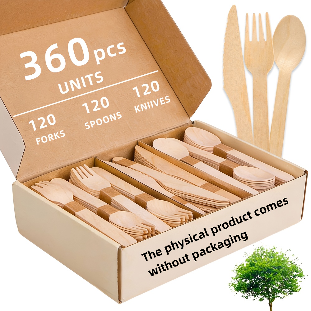 Image of Wooden Disposable Utensils Set, 360pcs (120 Forks, 120 Spoons, 120 Knives), Cutlery For Parties & Catering