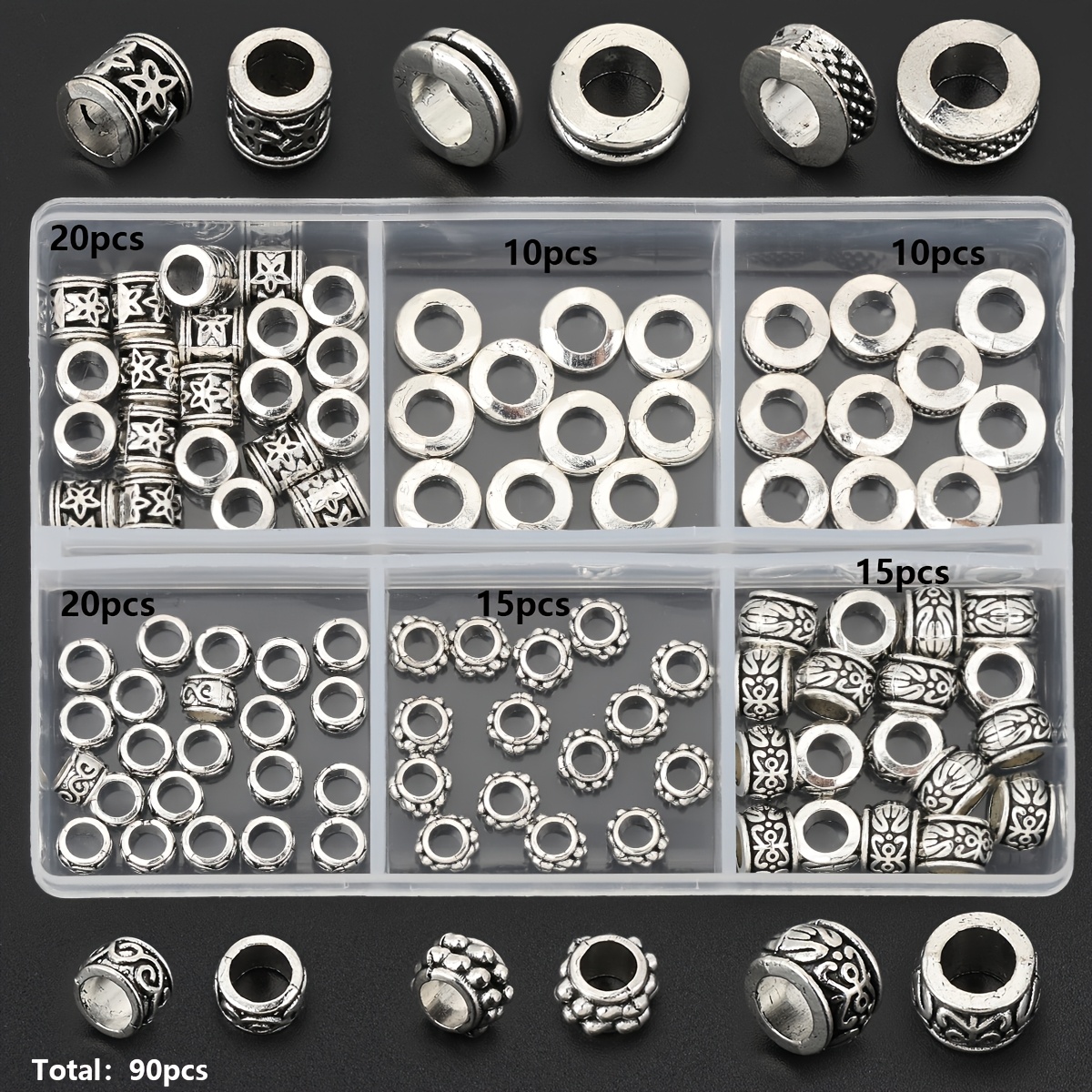 TEMU 90pcs/box Ancient Silvery Jewelry Making Parts Star Pattern Bucket Beads 3d Relief Spacer Beads Alloy Through-hole Loose Beads Decorative Beads