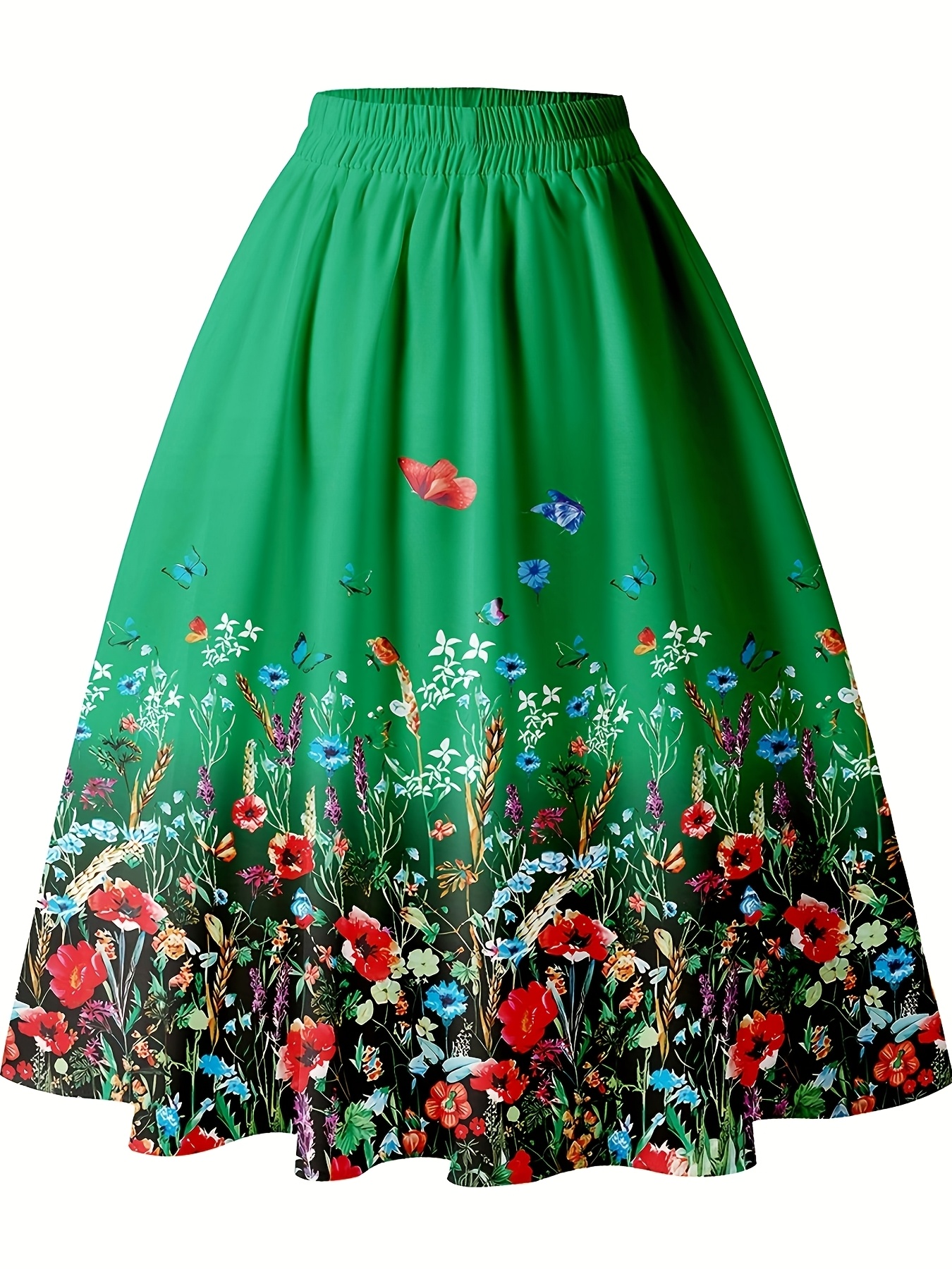 Women'S Floral Print A-Line Skirt Elastic Waist, Half-Length with  Multicolor Flowers and Butterflies for Spring and Sum