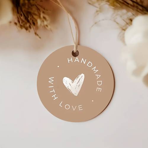 50 round tags with a handmade accompanied by ideal for gifts promoting handmade products and home businesses country themed gifts packaging handcrafted designs