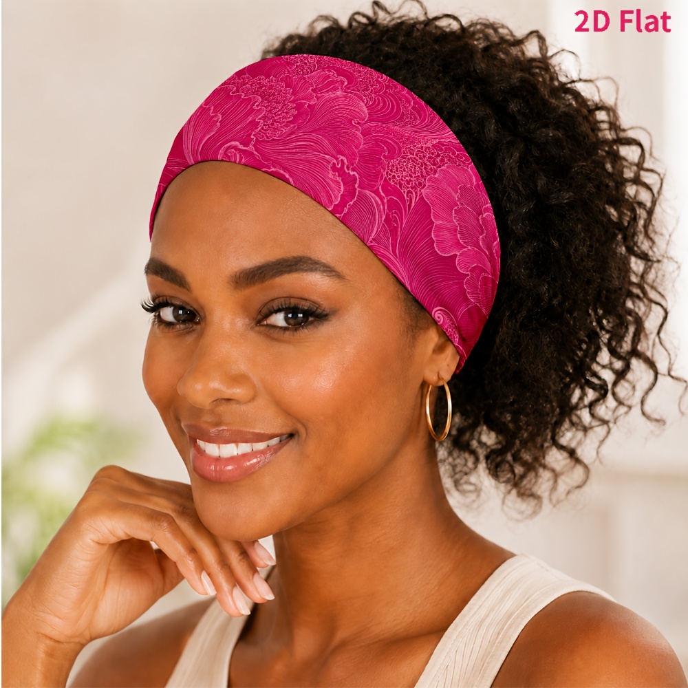TEMU 2d Flat 1pc New Style Hair Band, Magenta Floral Embossed Texture Pattern, Suitable For Yoga/fitness/daily Commute/skincare, Photo /outing, Easy