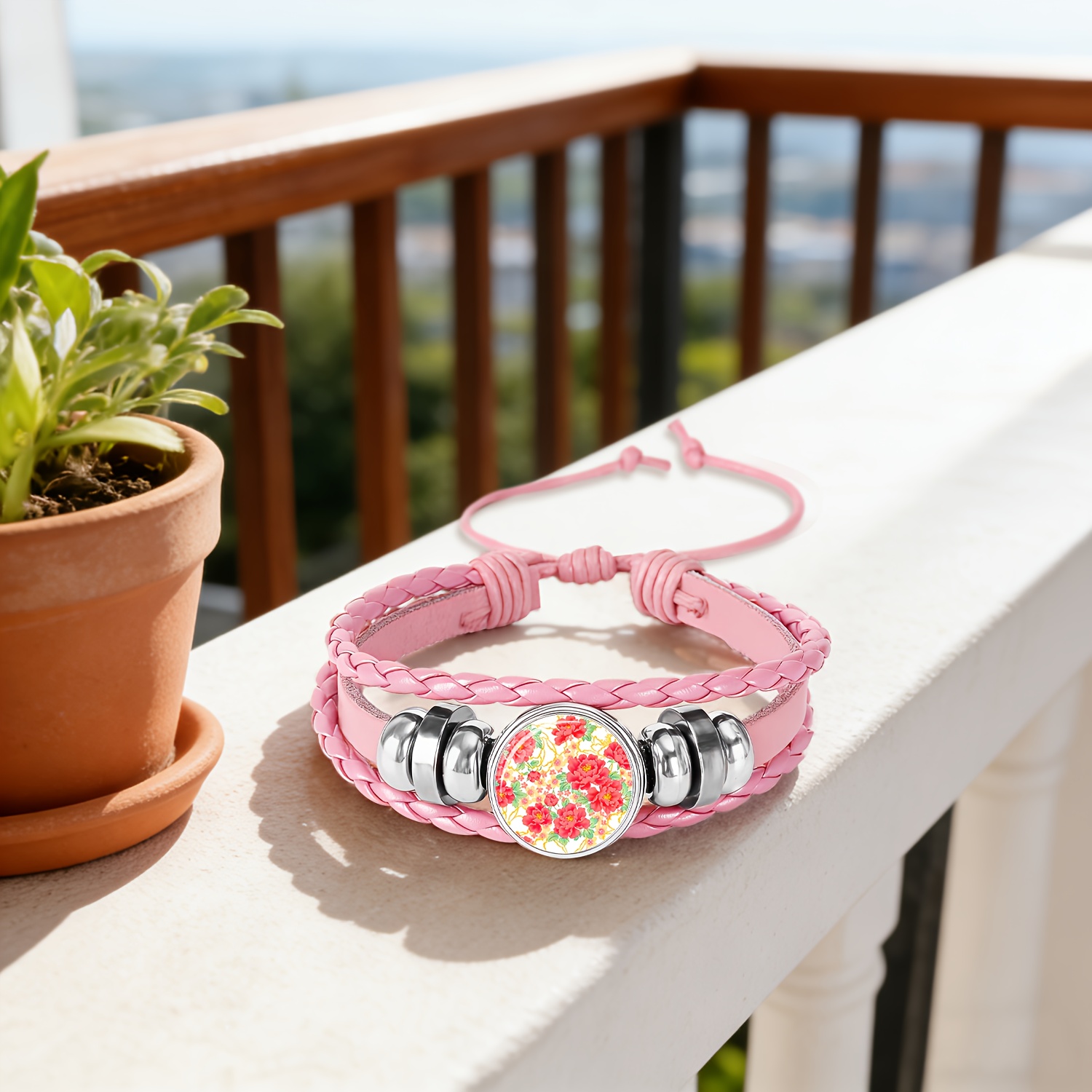 Pink Bracelet Bangle with Round Pattern Red Flowers and Green Leaves