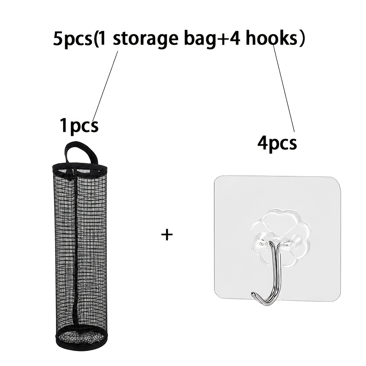 TEMU 5pcs Set: 1 Storage Bag   4 Hooks, Convenient And Durable Trash Bag Storage Bag   Hooks, Plastic Bag Holder, Mesh Hanging Storage Dispenser,