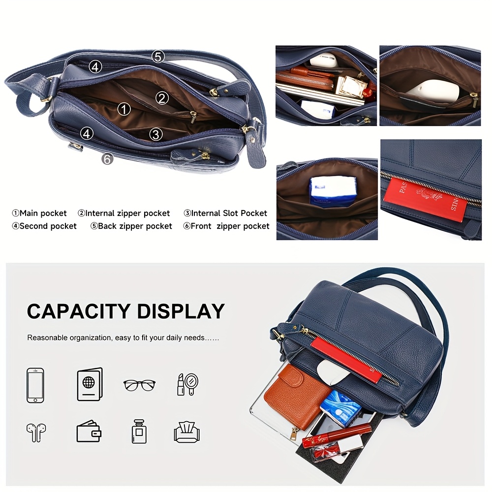 Women's Small Genuine Leather Crossbody Bag - 3 Zipped Compartments & Front Pocket
