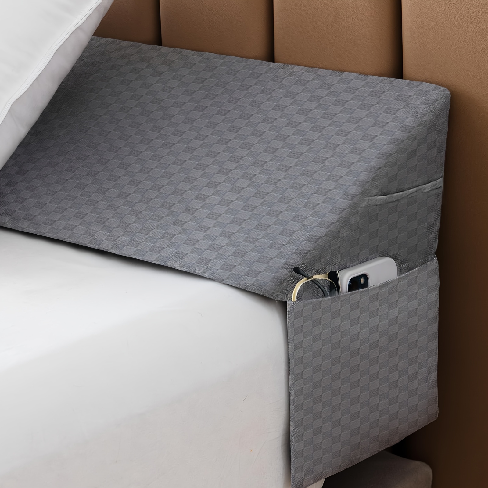 TEMU Queen Size Bed Wedge Pillow | Mattress Filler With Phone Pocket | 100% Polyester Cover | Knitted Texture | Detachable & Washable | Neutral Gray | Enhances And