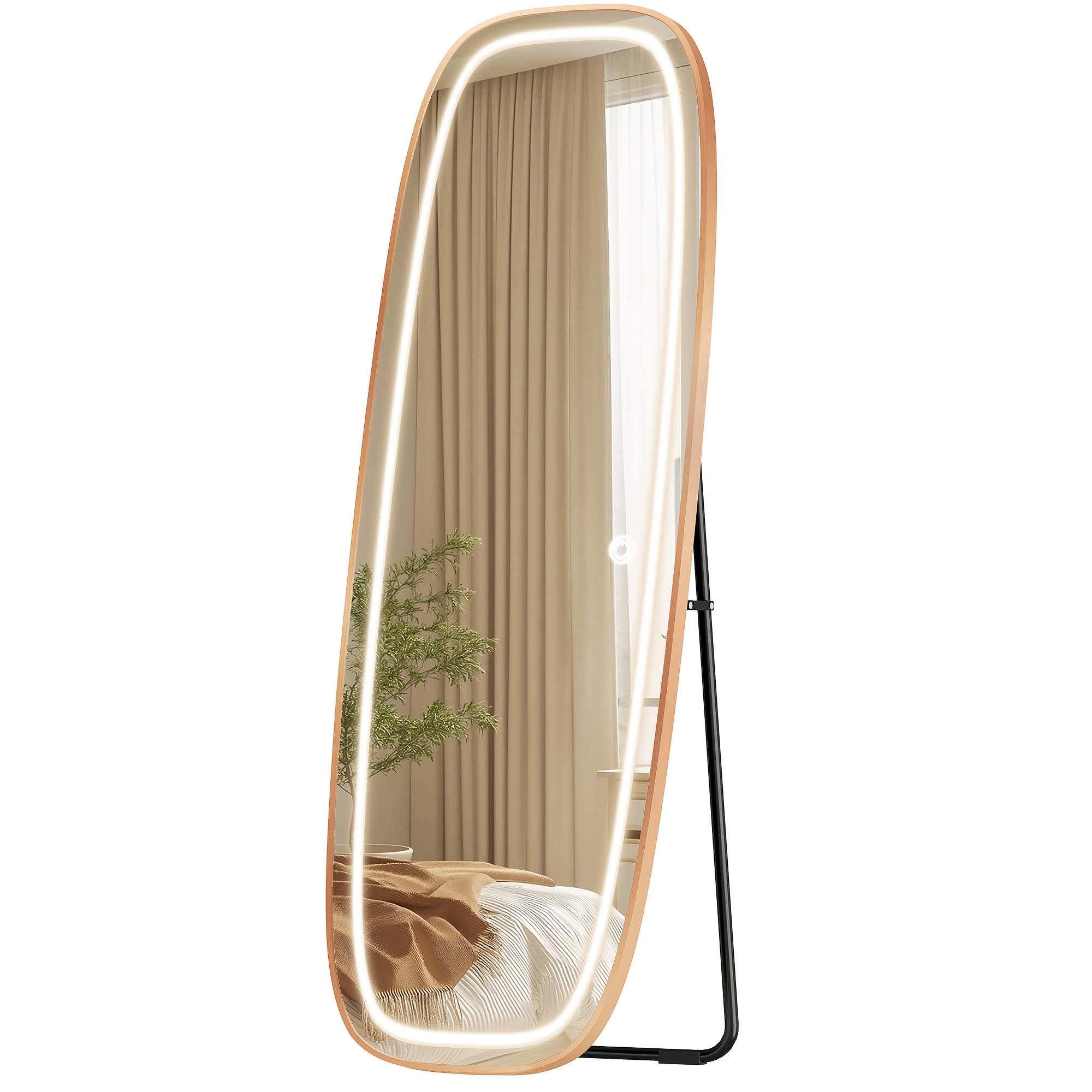 Led Floor Mirror, 160 X 50cm, Freestanding Mirror With Stand, Wall Mirror, 3 Light Colors, Adjustable Brightness, For Bedroom, Living Room, Golden