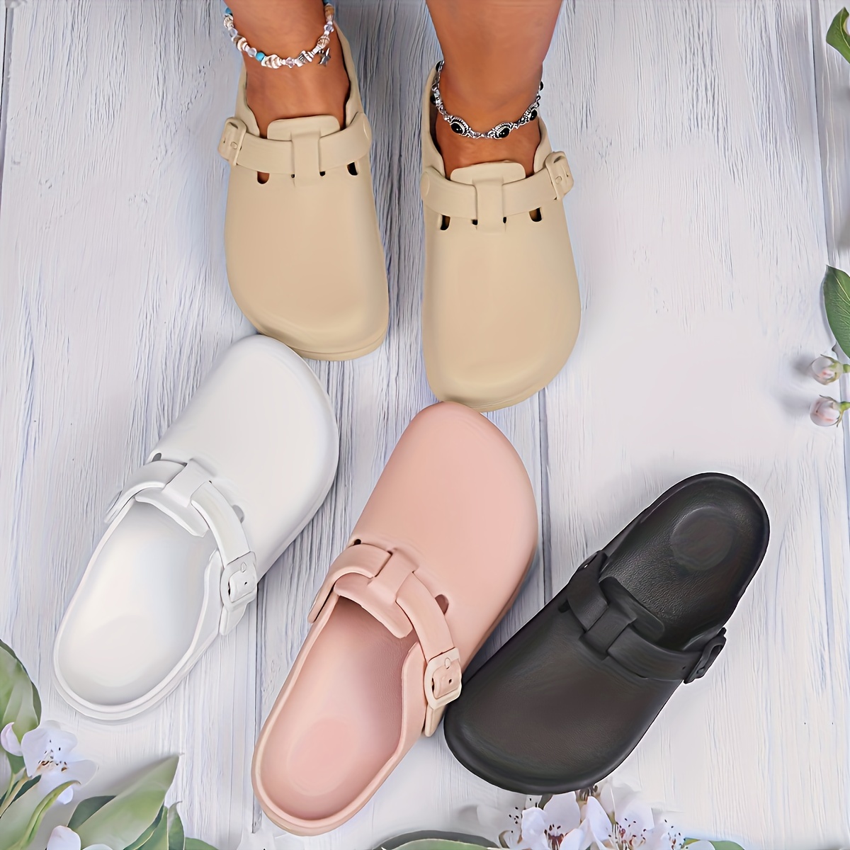 

Women's Solid Color Clogs, Casual Buckle Strap Design Flat Shoes, Comfortable Slip On Shoes