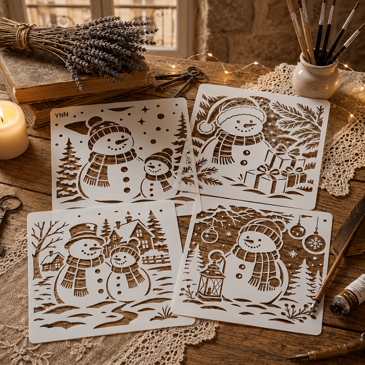 TEMU 4-sheet Christmas Snowman Themed Hollow Painting Template, Pet Washable Reusable Stencil, Includes Snowman, Pine Tree, Gift Box, Lantern,