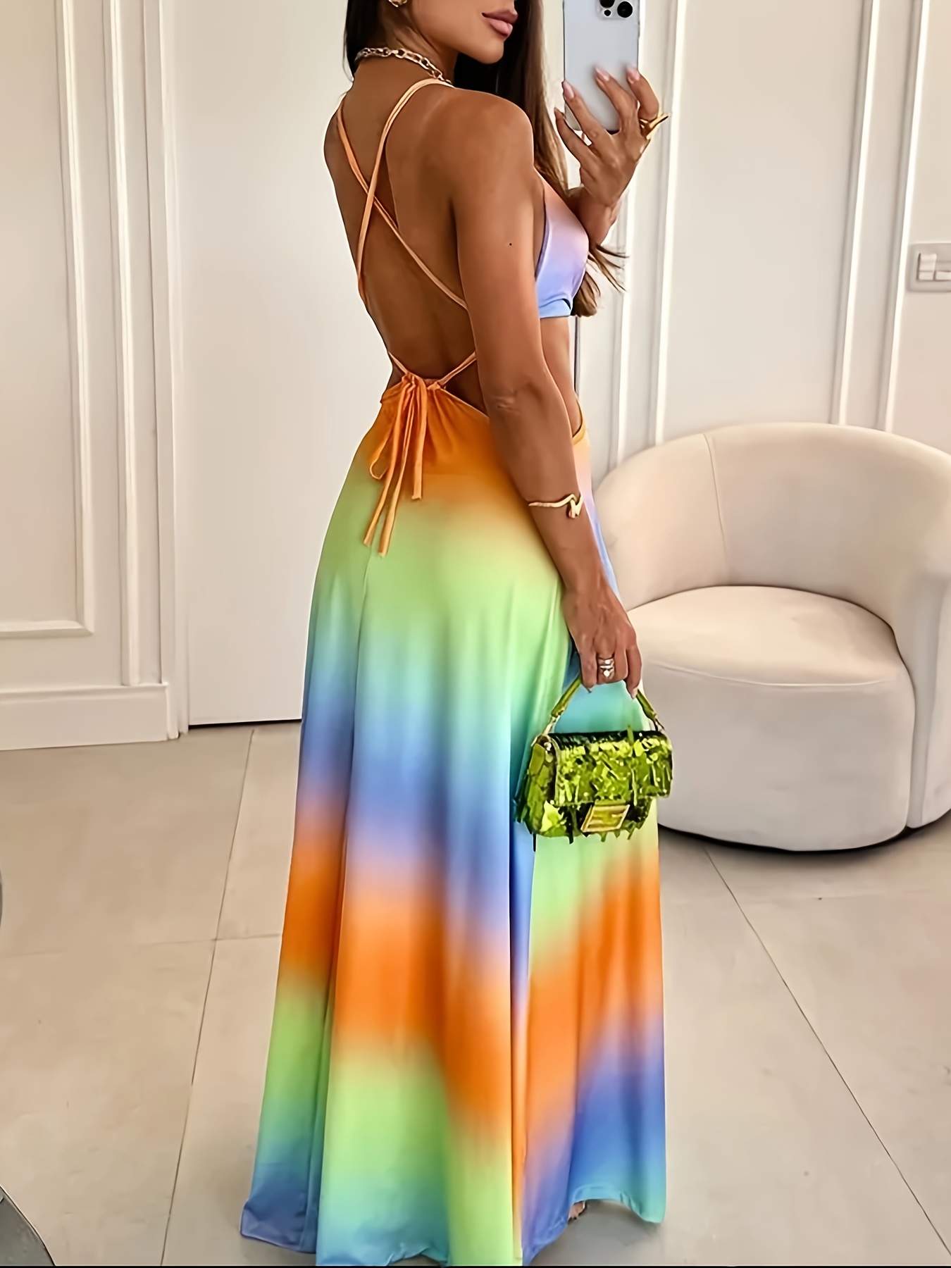 womens elegant tie dye backless summer dress long sleeveless - Temu  Mauritius