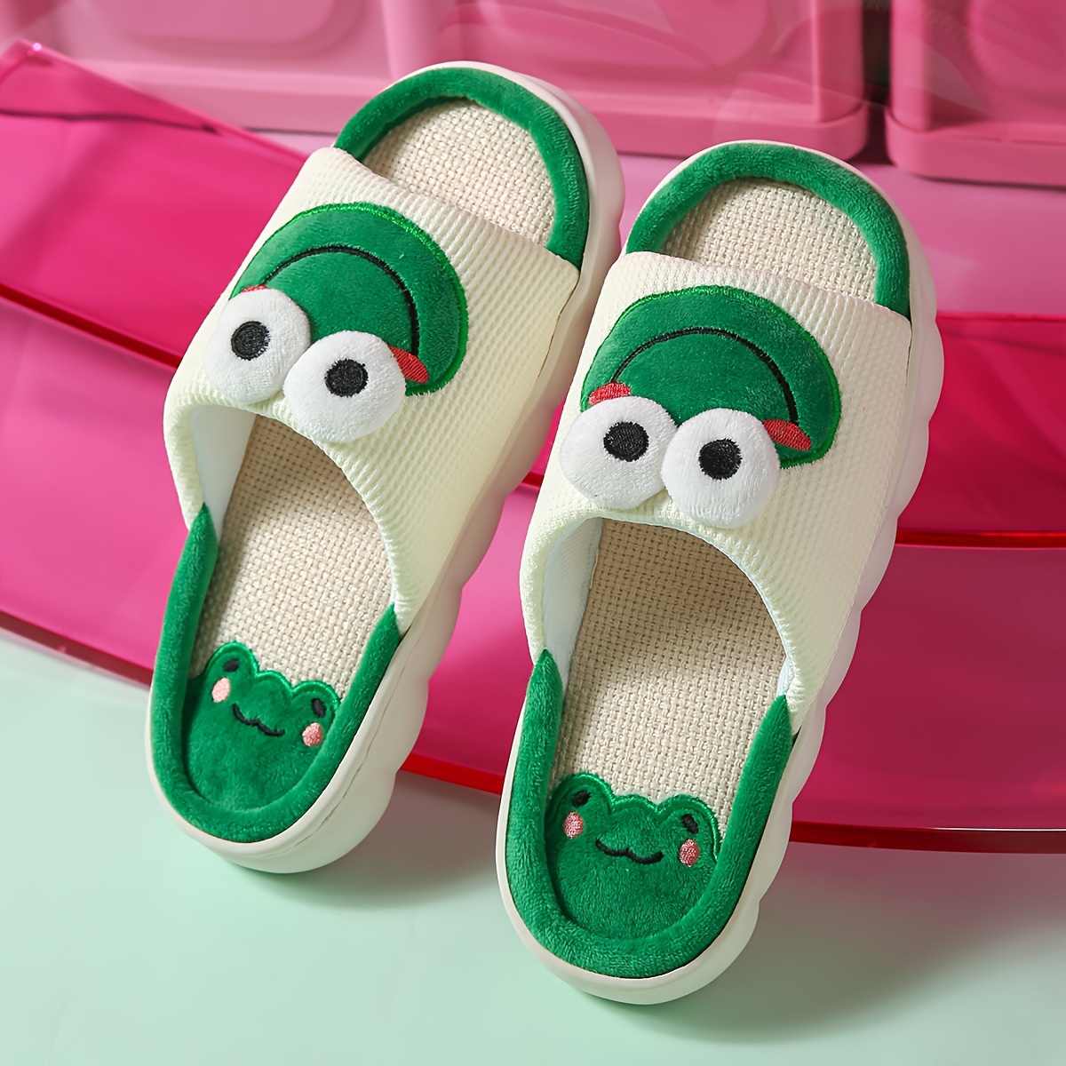 

Men's Funny Cartoon Big Eyes Pattern Open Toe Breathable Slippers, Comfy Non Slip Durable Casual Sweat Absorbing Slides, Men's Indoor Footwear