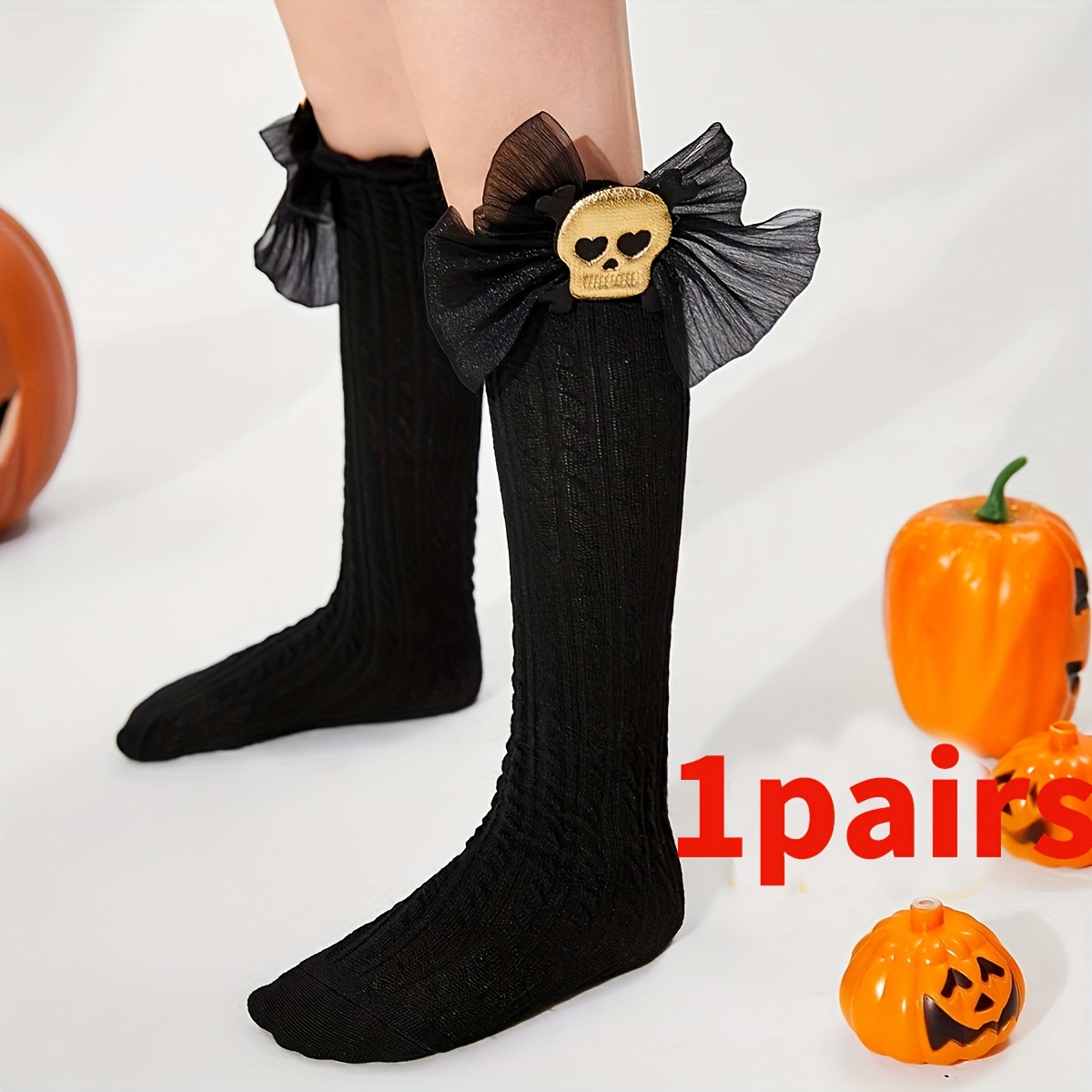1 Pair Girls' Halloween Crinkle Fabric Golden Skull Mid-calf Socks
