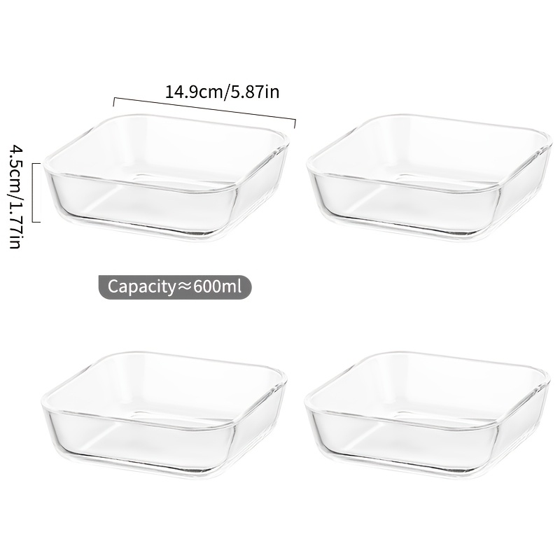 E-shop Set mit 4 quadratischen Backformen aus hochwertigem Borosilikatglas, geeignet für Nüsse, Salate, Backen und Joghurt. Sie können in Mikrowellen,