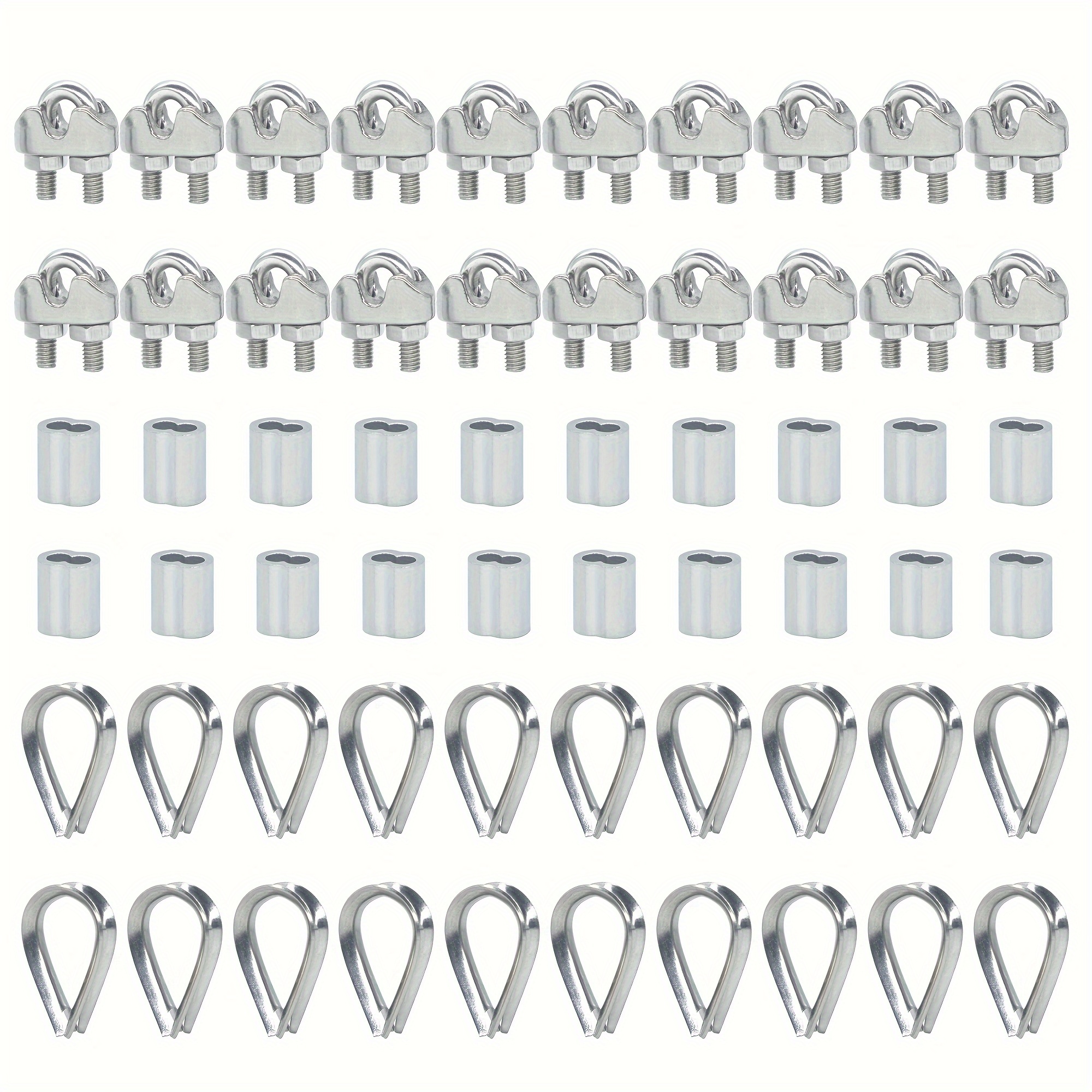 

60-piece M3 Stainless Steel Cable Clips & Thimbles - Adjustable Height, Aluminum Crimping Loop Sleeves For 1/8" Wire Rope