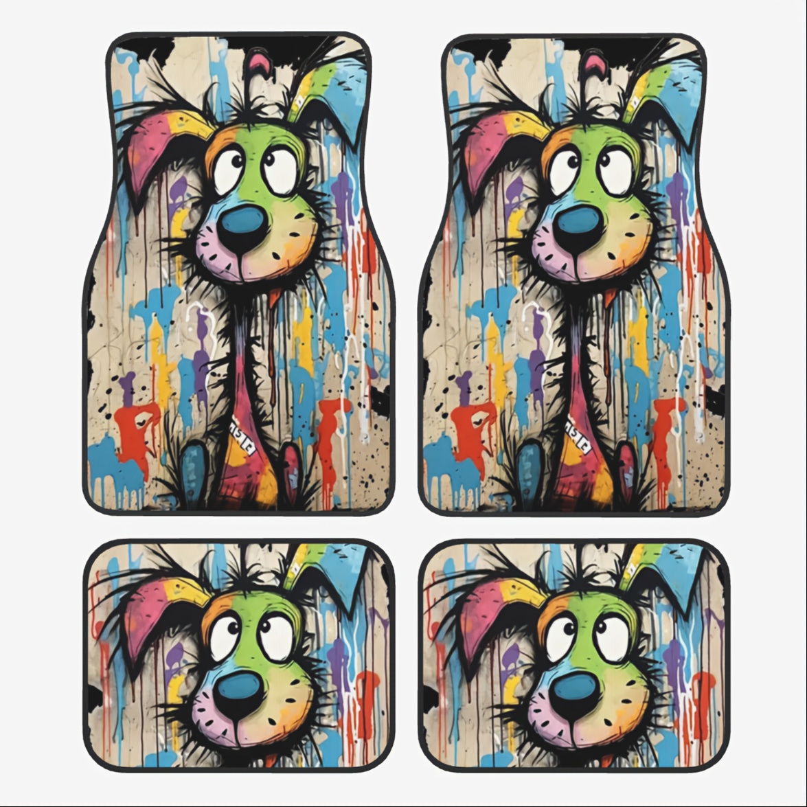 Image of 4pcs Vibrant Cartoon Car Floor Mats - Fit For Cars, Trucks & Suvs - Durable Polyester With Paint Splatter Pattern - Stylish Interior Protection - Perfect Gift For , Dog Car Accessories