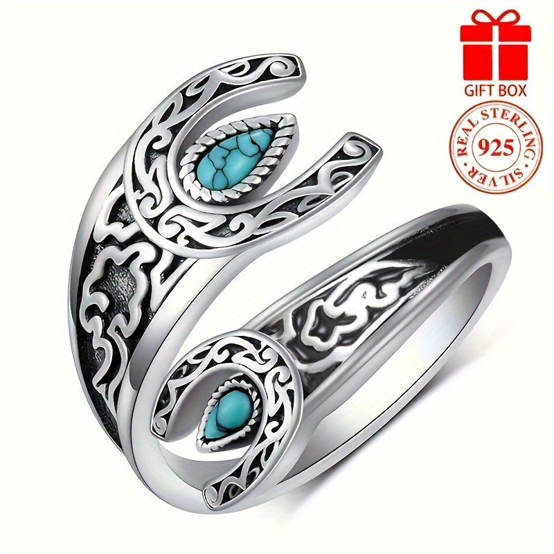 

925 Sterling Silver Wrap Ring Retro Moon & Flower Design Inlaid Turquoise In Waterdrop Shape High Quality Adjustable Ring With Gift Box