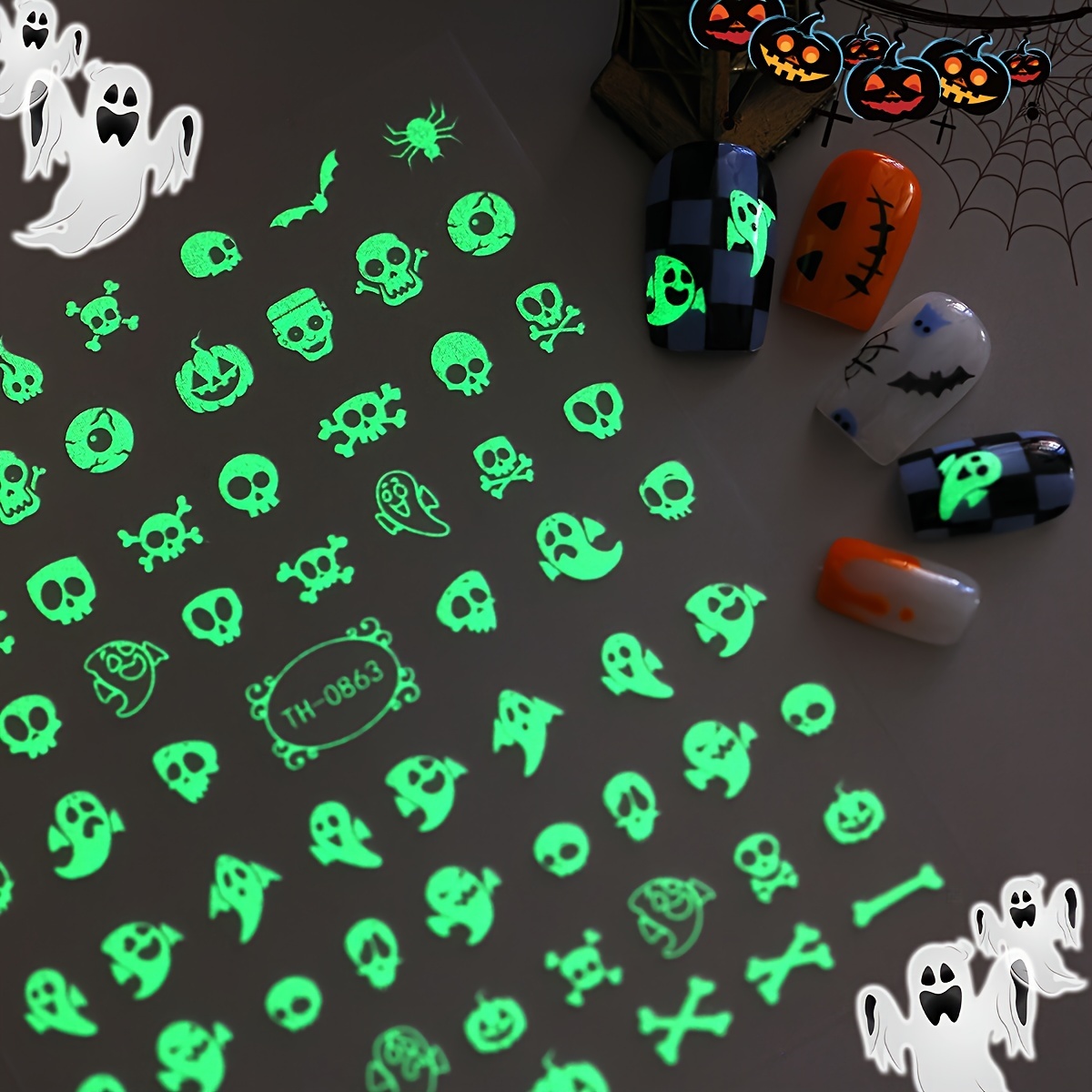 Halloween -the-dark Craft Scary , Bat, Pumpkin, Web, Web Pattern Nail Decoration Stickers, Suitable For Women And, Holiday Gift