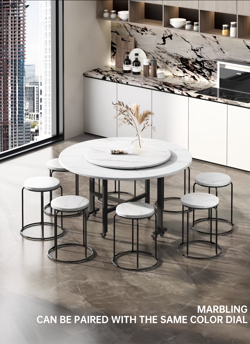 现代可折叠圆形餐桌，带 6 个轮子，可伸缩蝴蝶厨房桌，碳钢支架，小空间多功能折叠设计，硬木和人造木结构 商品详情 4