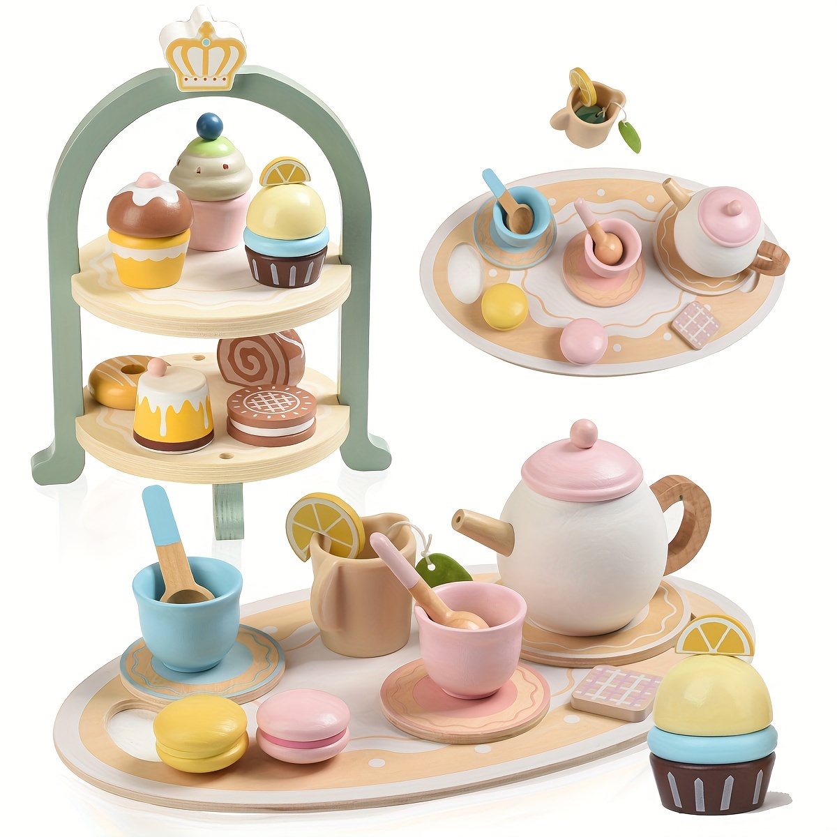 

Charming Wooden Afternoon Tea Playset With Cake Stand & Tray - Includes Realistic Cakes, Biscuits & Macarons - Perfect Pretend Play Kitchen Toy For Kids Ages 3-6, Ideal Birthday Gift