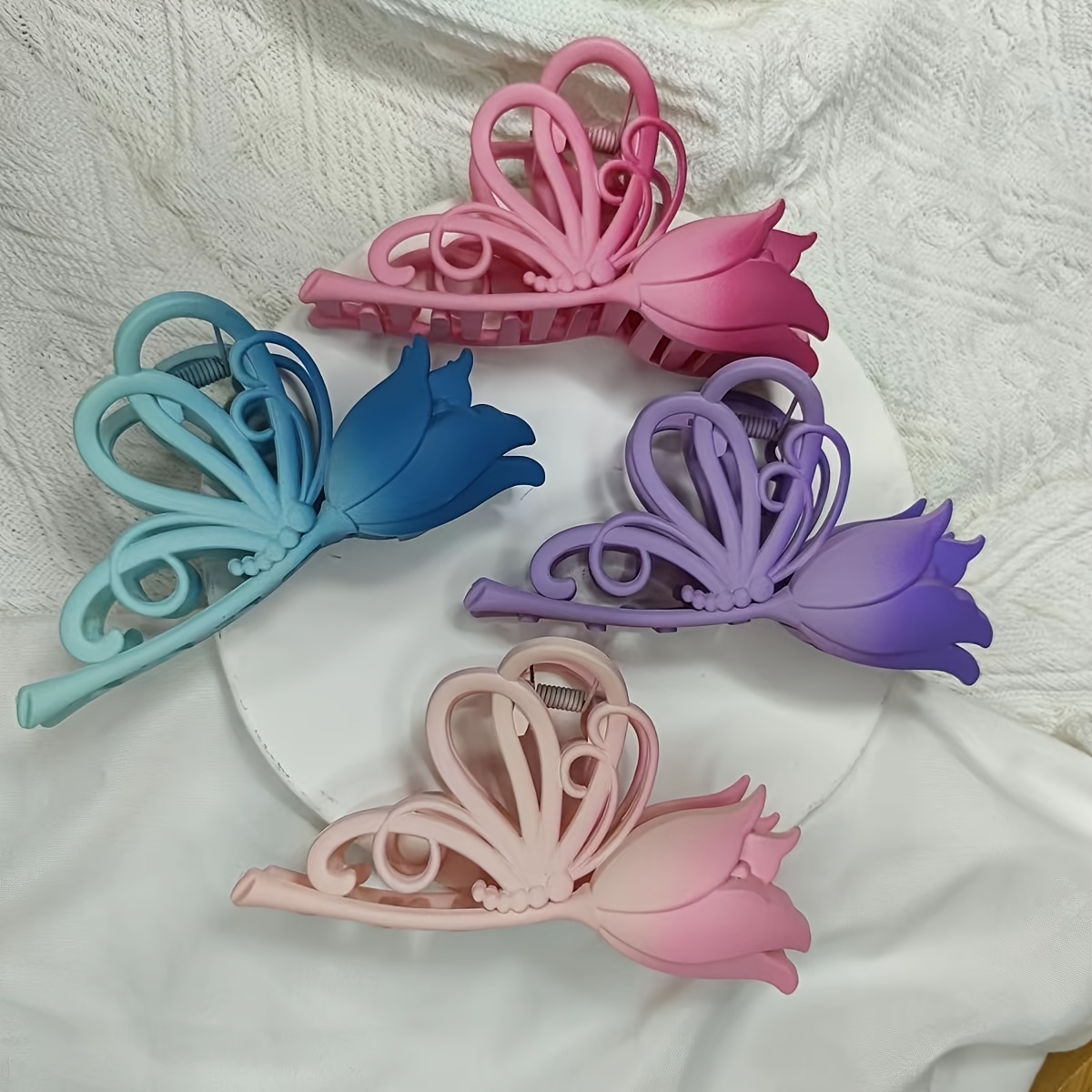 E-shop 4er-Set Neue Farbverlauf-Tulpen-Haarspangen, Große Mattierte Schmetterlingshaarspange Elegante Lockige Hai-Klammern Haaraccessoires