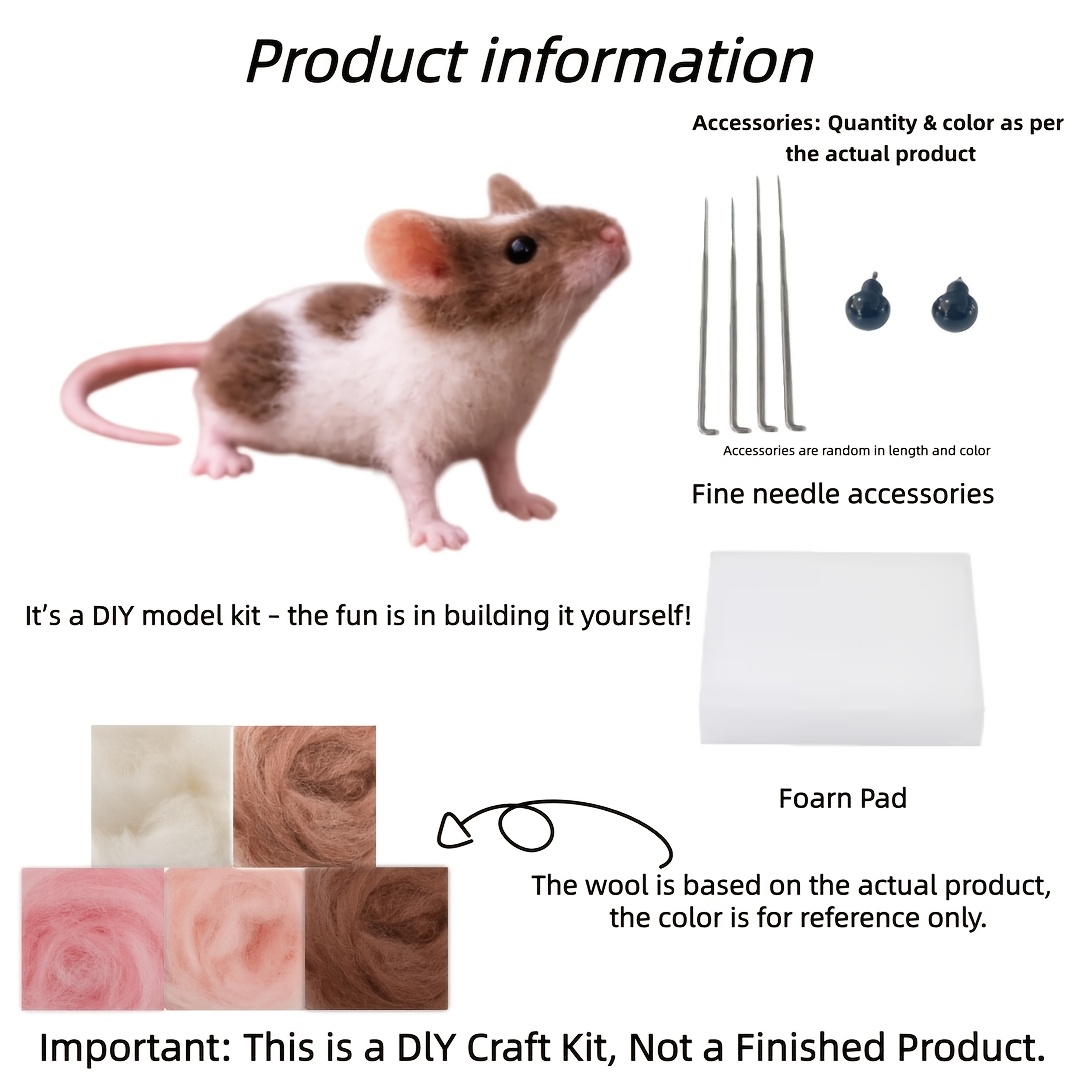 TEMU Kit de feutrage à l'aiguille DIY pour débutants - Artisanat animalier souris tachetée avec outils complets et guide par en anglais, fournitures