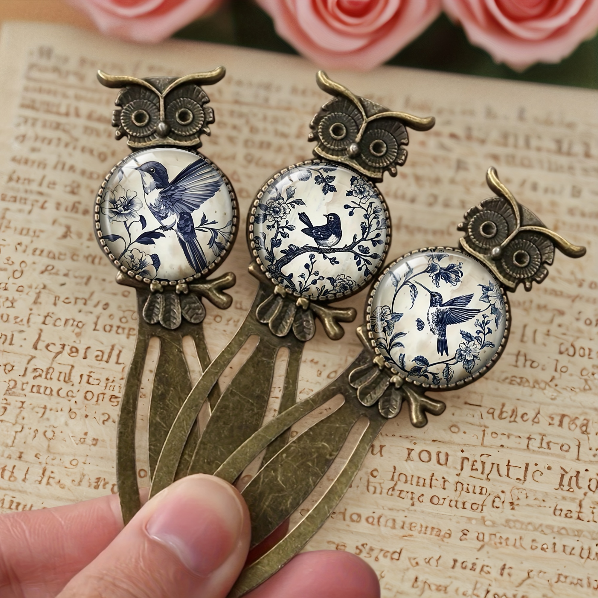 Image of 3pcs Retro Style Blue And White Porcelain Bird And Flower Pattern Bookmark, High-quality Metal Material, Fashionable And Exquisite Book Additions